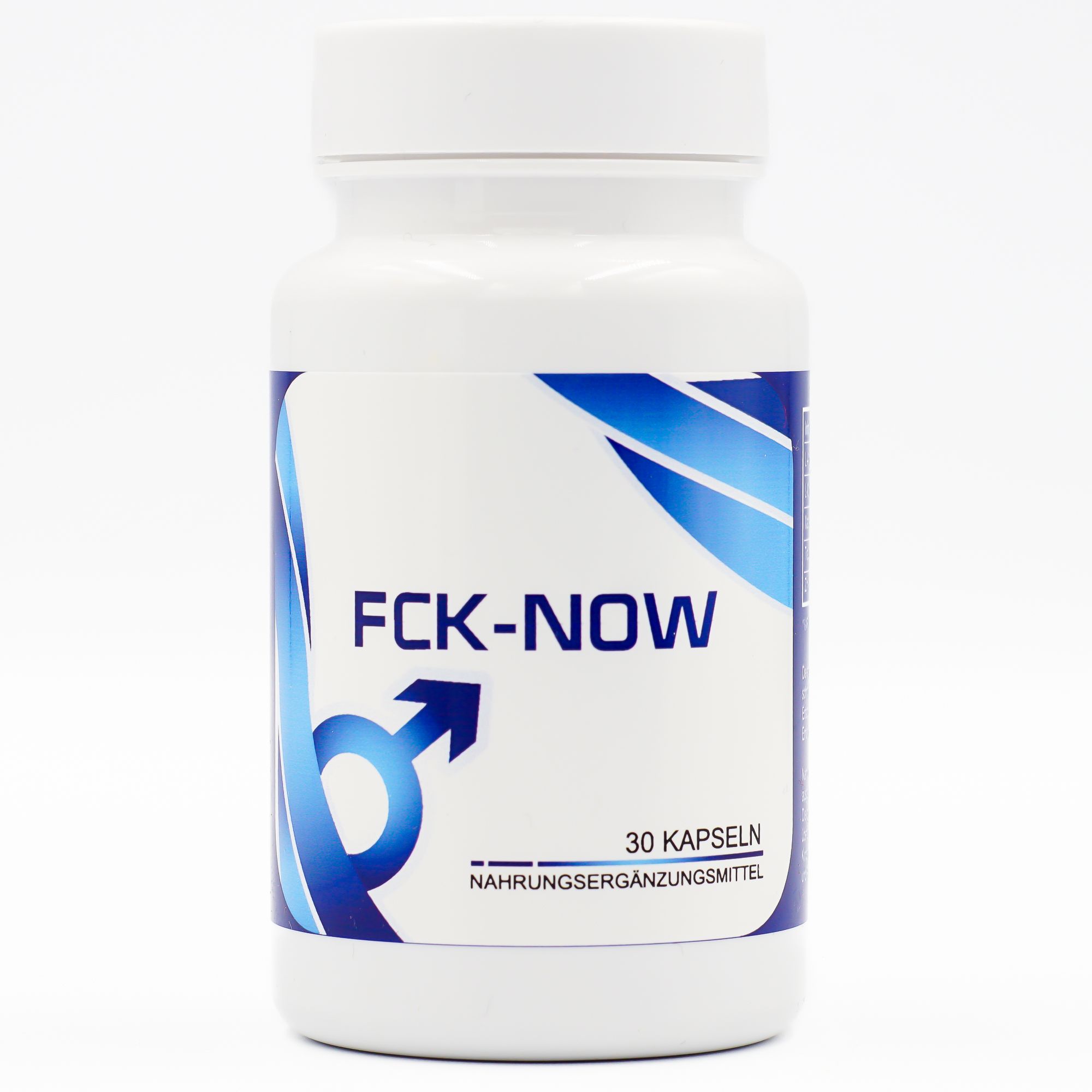 Witte fles met blauw etiket. Opschrift: FCK-NOW, 30 capsules, voedingssupplement. Mannelijk symbool.