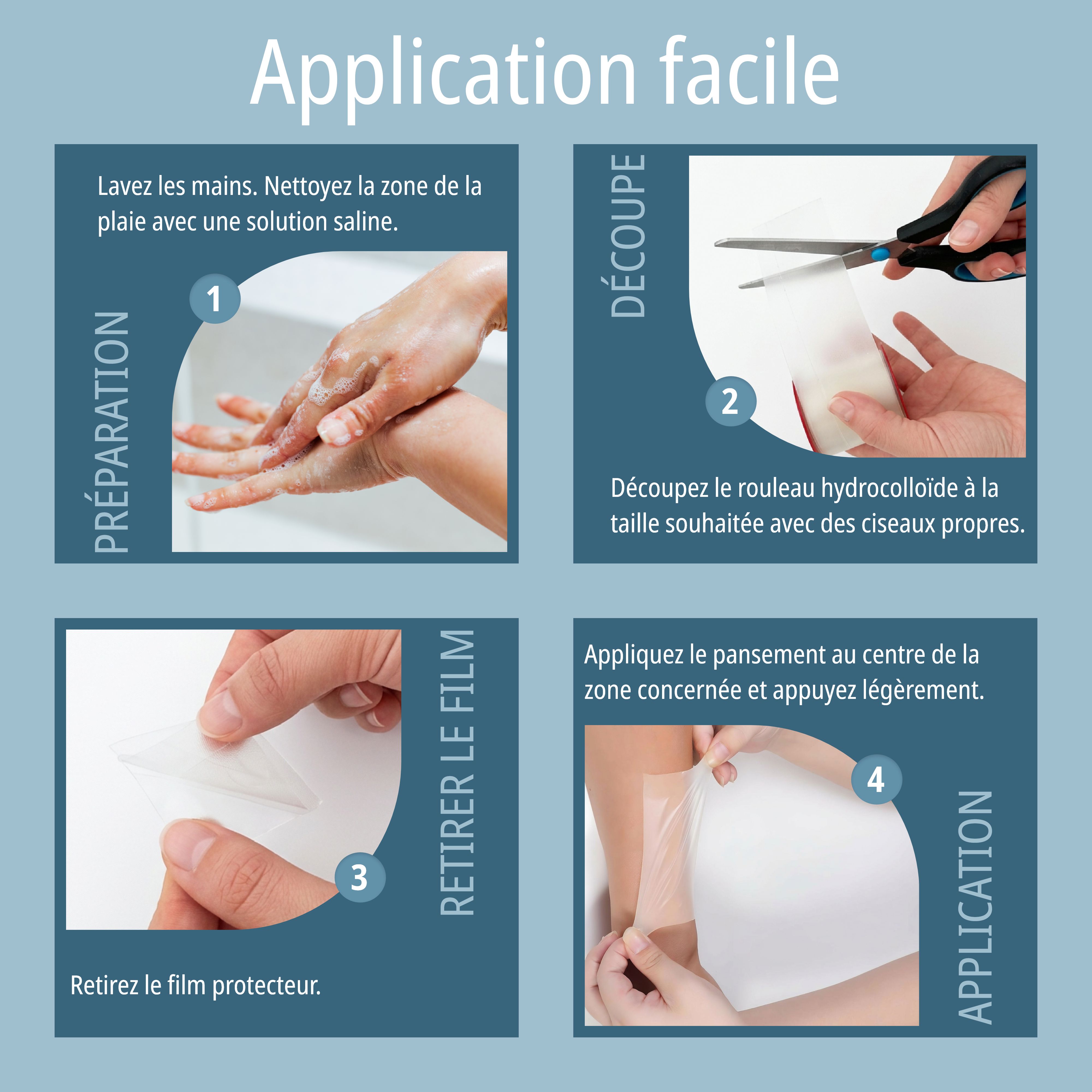 Application facile: Instructions étape par étape pour appliquer le pansement hydrocolloïde.