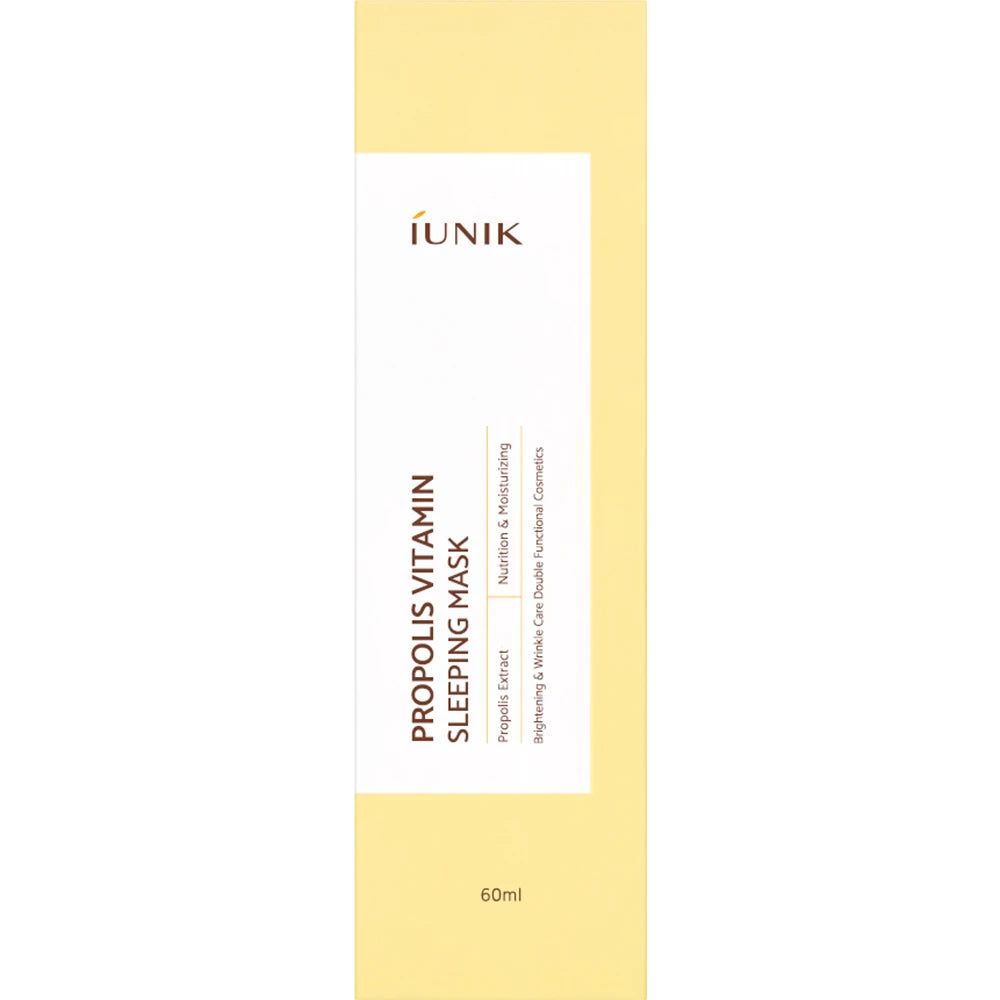 Verpakking van Propolis Vitamin Sleeping Mask, 60ml. Tekst: iUNIK, Propolis Extract 10%.
