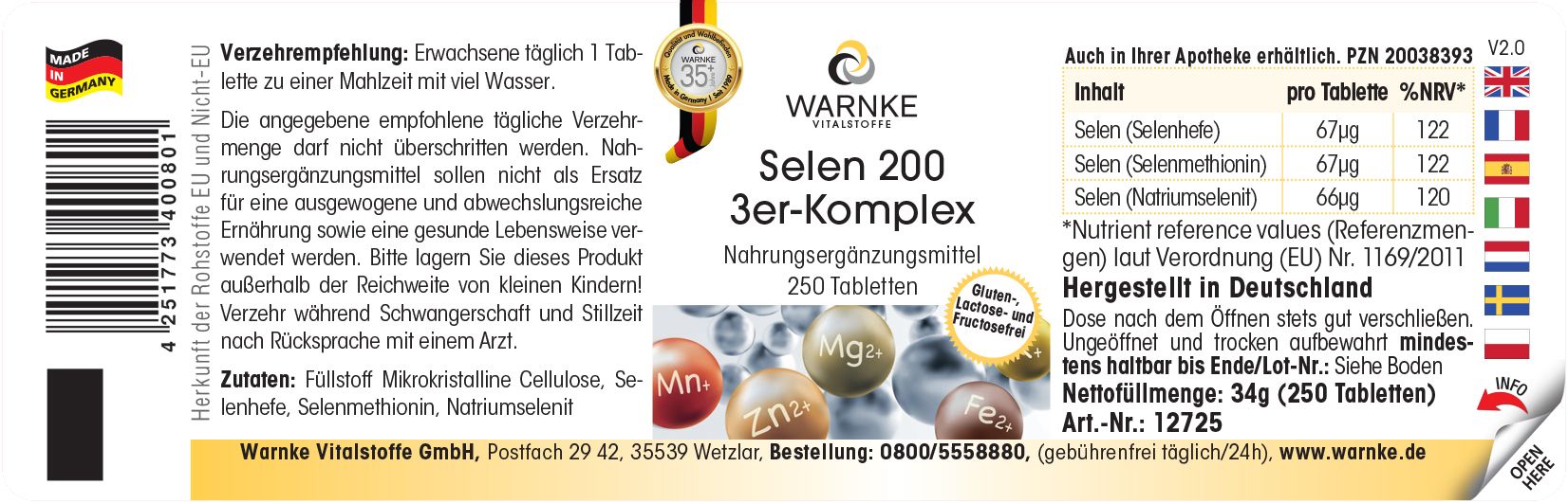 Étiquette avec informations produit. Inscription: Warnke Vitalstoffe Selen 200 3er-Komplex. 250 comprimés. Fabriqué en Allemagne.