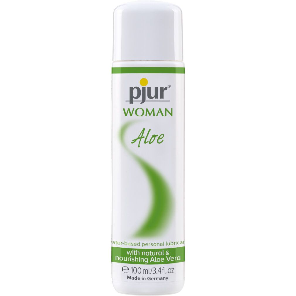 Flacon blanc avec étiquette jaune. Inscription : pjur WOMAN Aloe. Lubrifiant à base d'eau avec aloe vera. 100 ml/3.4 fl oz.