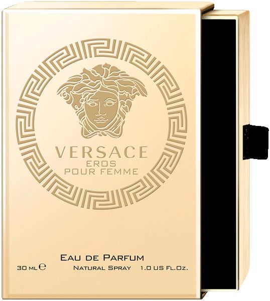 Gouden verpakking met flesmotief en opschrift: Versace Eros Pour Femme Eau de Parfum. 30 ml.
