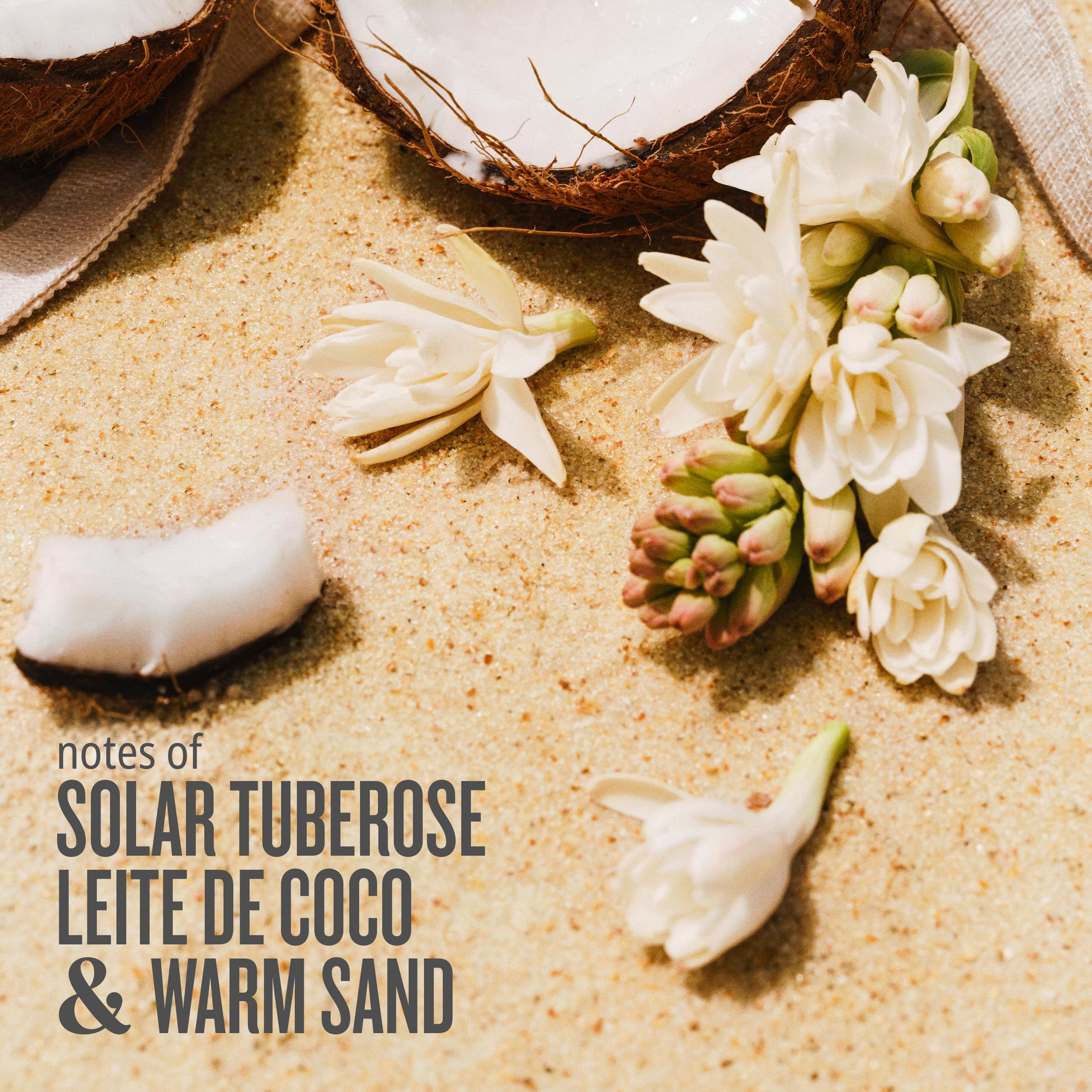 Sable avec noix de coco, fleurs et texte: Solar Tuberose, Leite de Coco & Warm Sand.