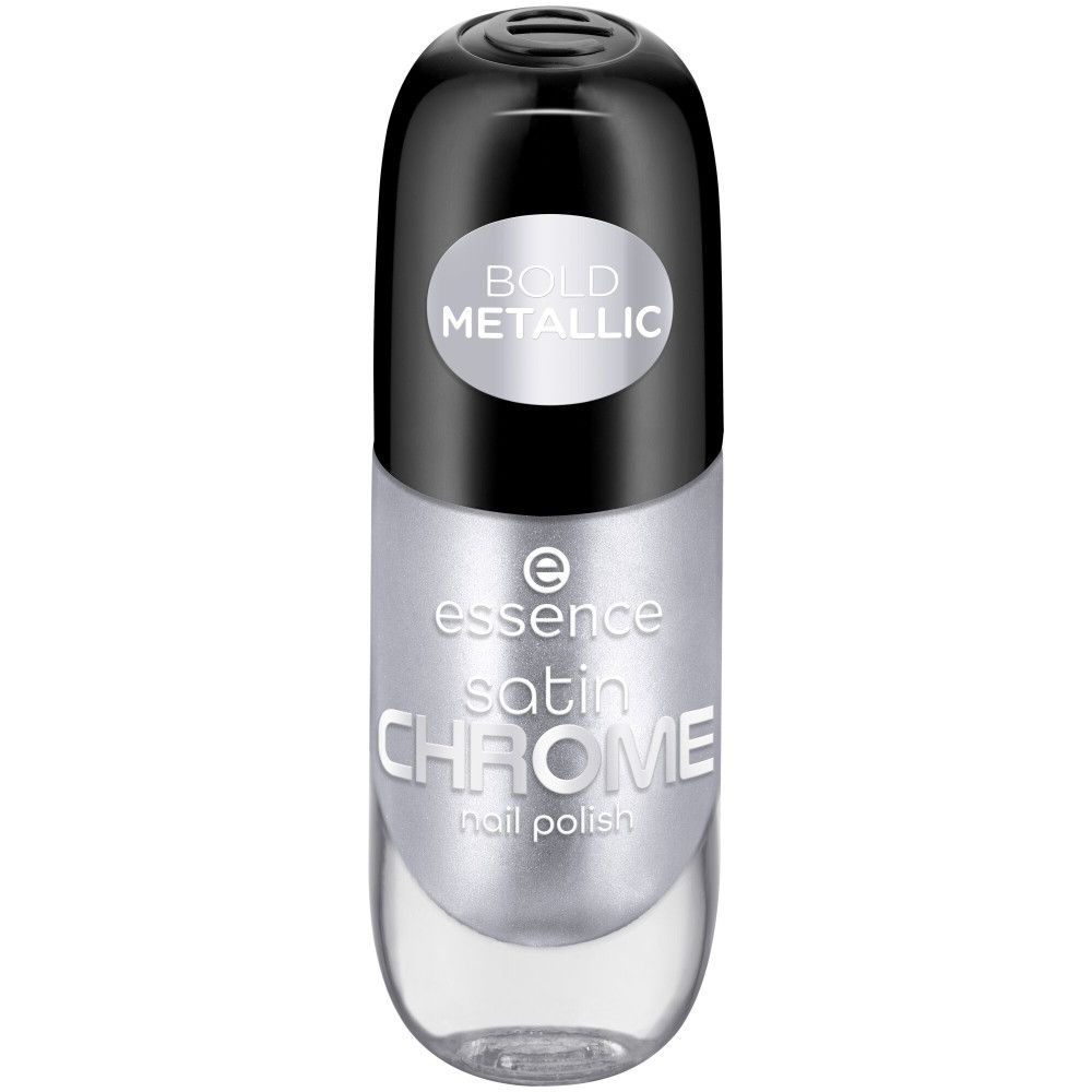 Flacon de vernis à ongles argenté et bouchon noir. Inscription : Essence Satin Chrome Nail Polish. Sur le bouchon : Bold Metallic.