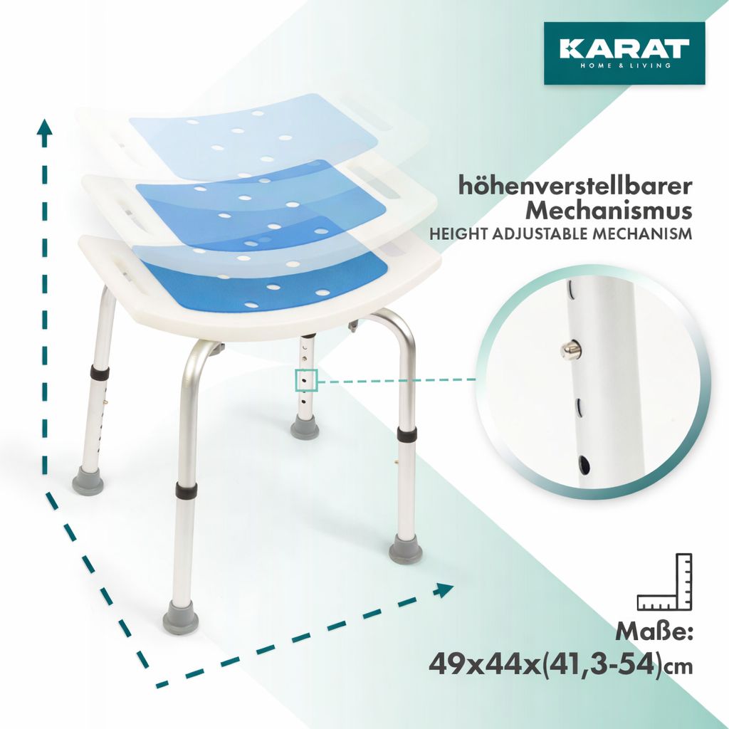 Tabouret de douche réglable en hauteur. Dimensions: 49x44x(41,3-54)cm. Logo KARAT visible.