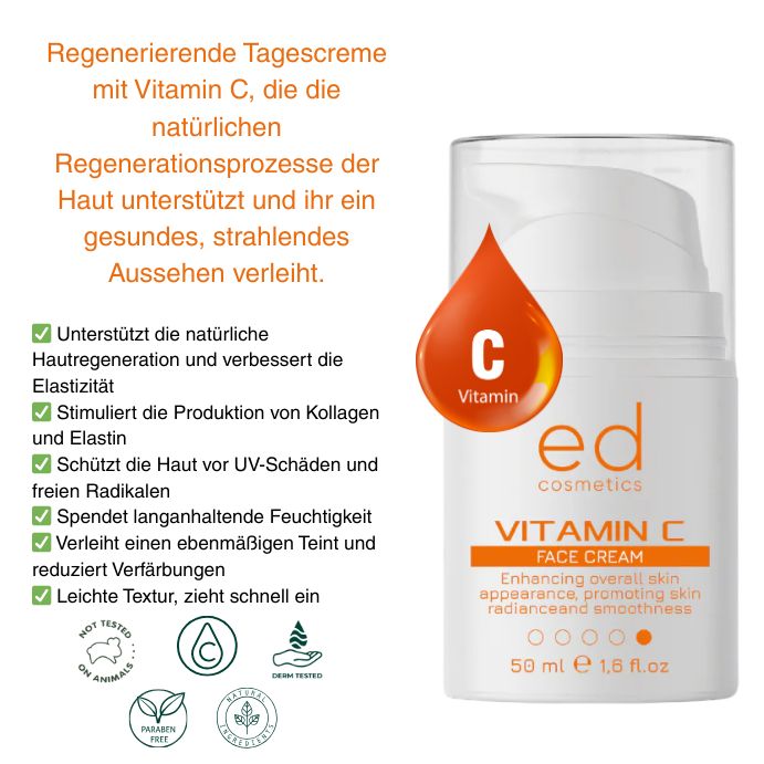 Flacon blanc avec étiquette orange. Texte : Vitamin C Face Cream, ed cosmetics. Texte et logos supplémentaires.