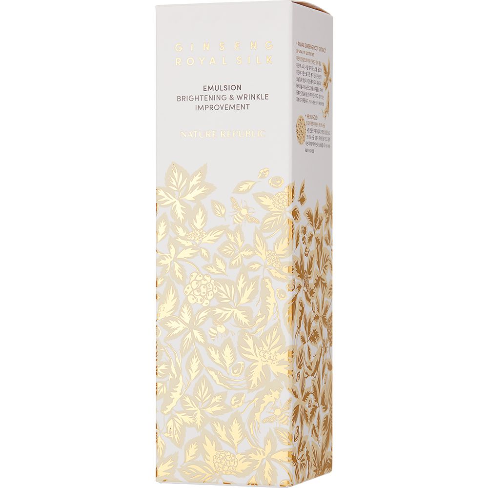 Witte verpakking met gouden bloemmotief. Tekst: Ginseng Royal Silk Emulsion, Brightening & Wrinkle Improvement.