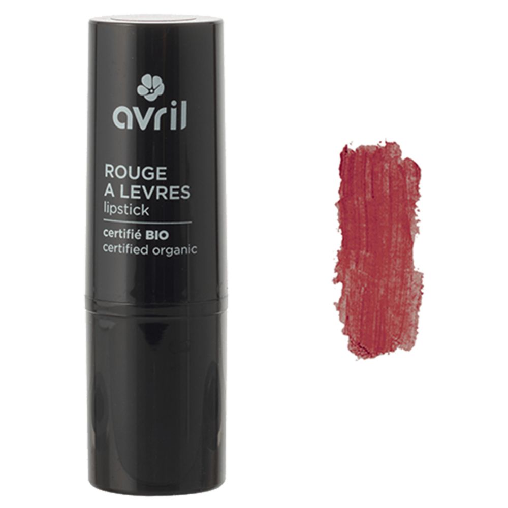 Tube de rouge à lèvres noir avec texte blanc et échantillon rouge. Inscription: Avril, Rouge à Lèvres, certifié BIO.