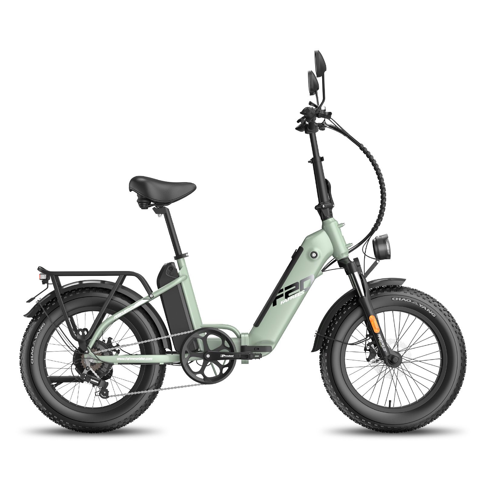 Vélo électrique vert clair avec pneus noirs et porte-bagages. Visible : logo F2, phare, selle et guidon.
