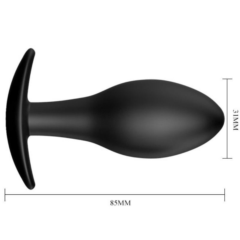 Zwarte siliconen anale plug, afmetingen 85mm x 31mm.