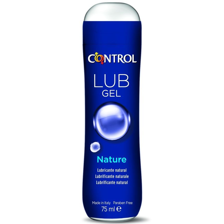 Flacon bleu avec bouchon blanc. Inscription : Control Lub Gel Nature. Contient des informations sur les ingrédients.