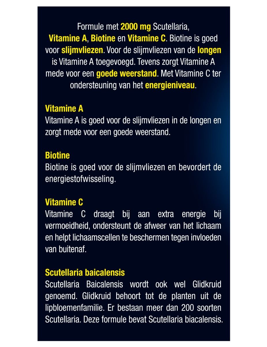 Tekstpagina met informatie over 'Scutellaria, Vitamine A, Biotine en Vitamine C'.