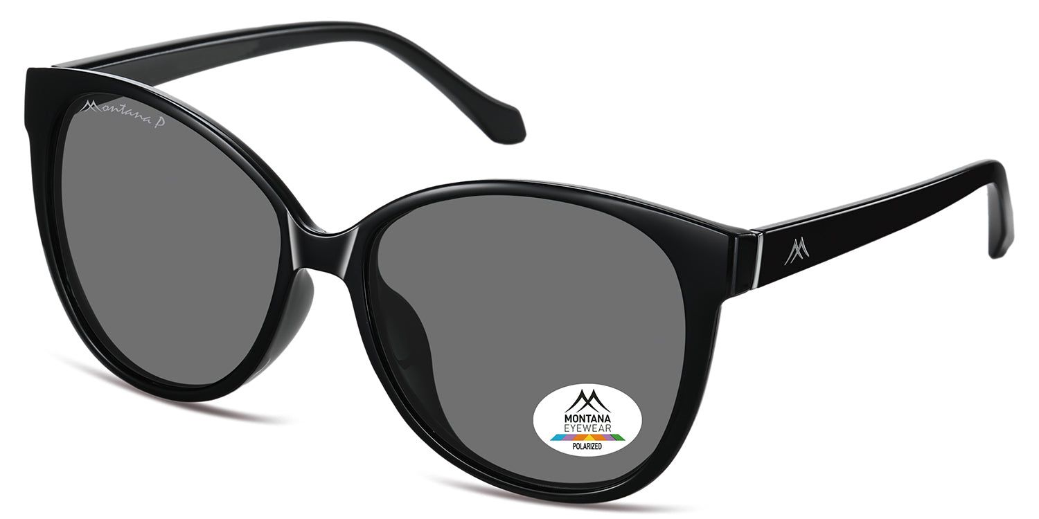 Lunettes de soleil noires avec verres gris. Logo Montana Eyewear et autocollant Polarized. Forme œil de chat.