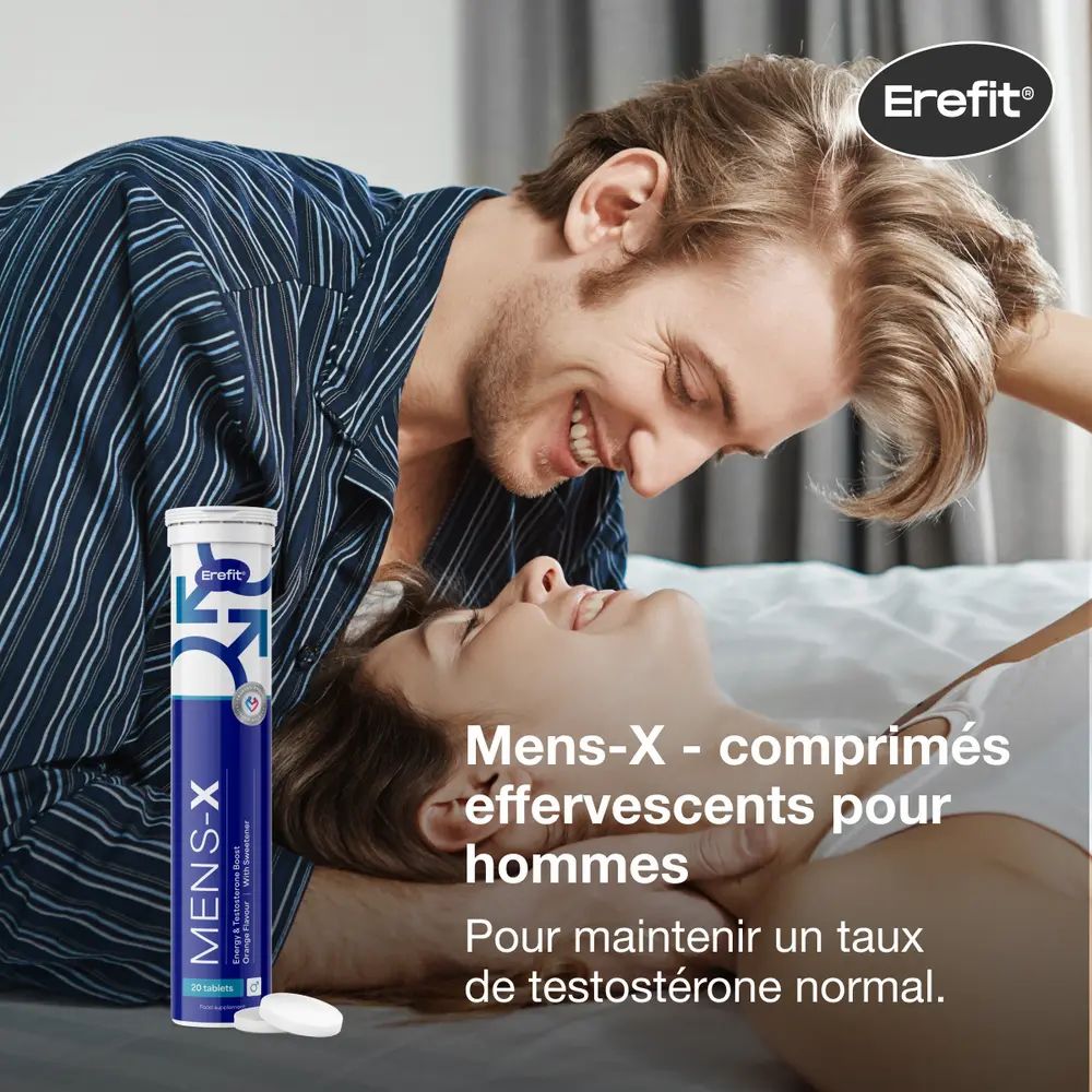 Homme et femme au lit. Tube MENS-X. Texte: Comprimés effervescents pour hommes. Marque: Erefit.
