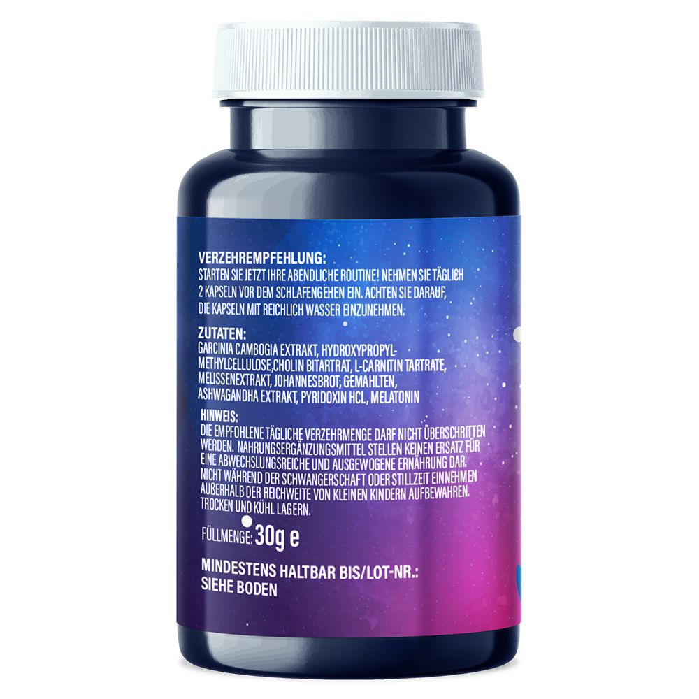 Dos de la bouteille bleue. Texte : Recommandations d'utilisation, ingrédients, conseils. 30g. A consommer de préférence avant... Voir le fond.