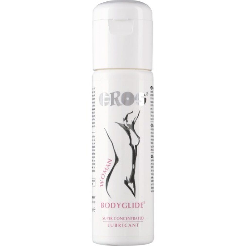 Witte fles met klapdeksel. Opschrift: EROS, BODYGLIDE, WOMAN, afbeelding van een vrouw. Productnaam en verdere informatie.