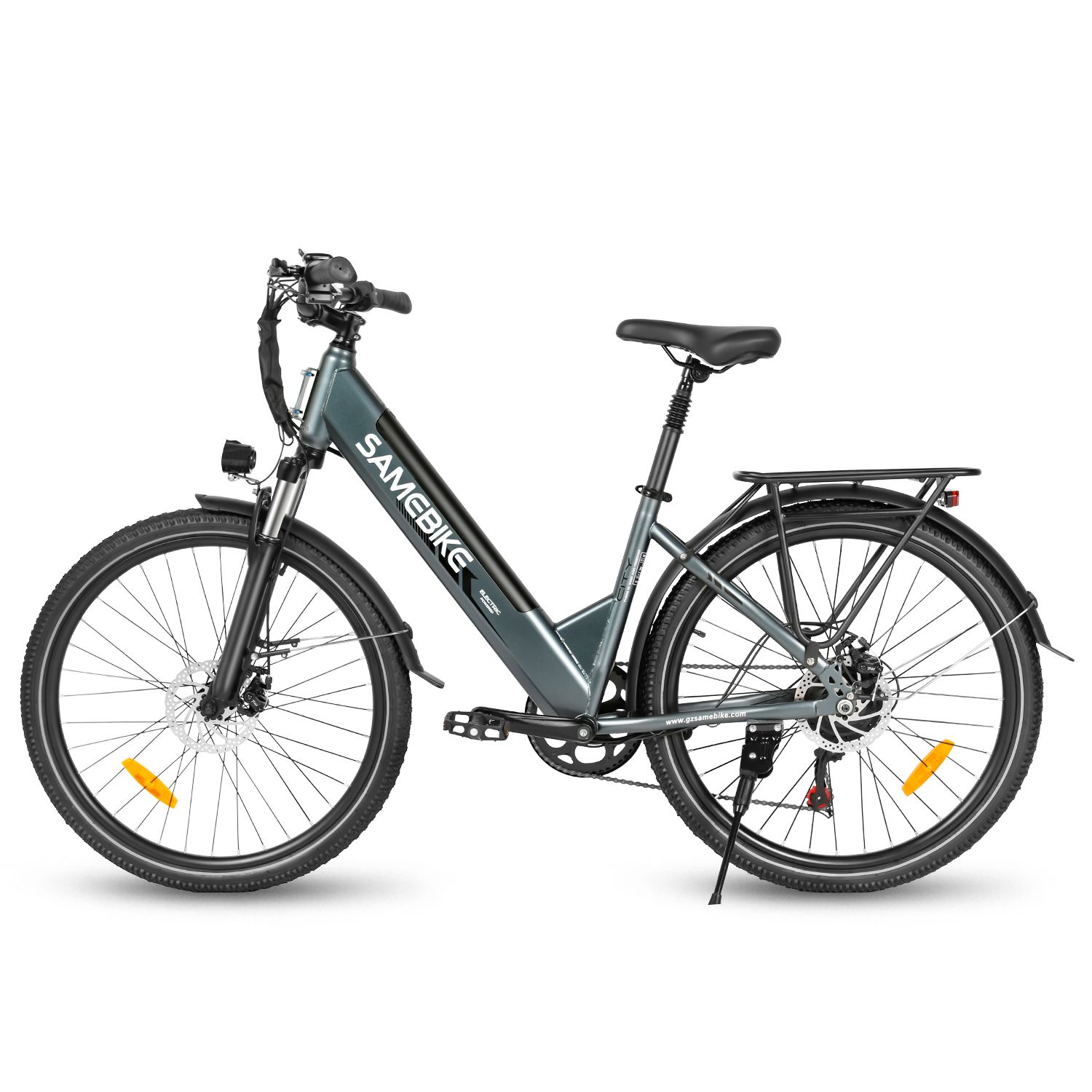 Vélo électrique SAMEBIKE RS-A01 Pro-T gris. Pneus, selle, guidon noirs. Porte-bagages. Vue latérale.