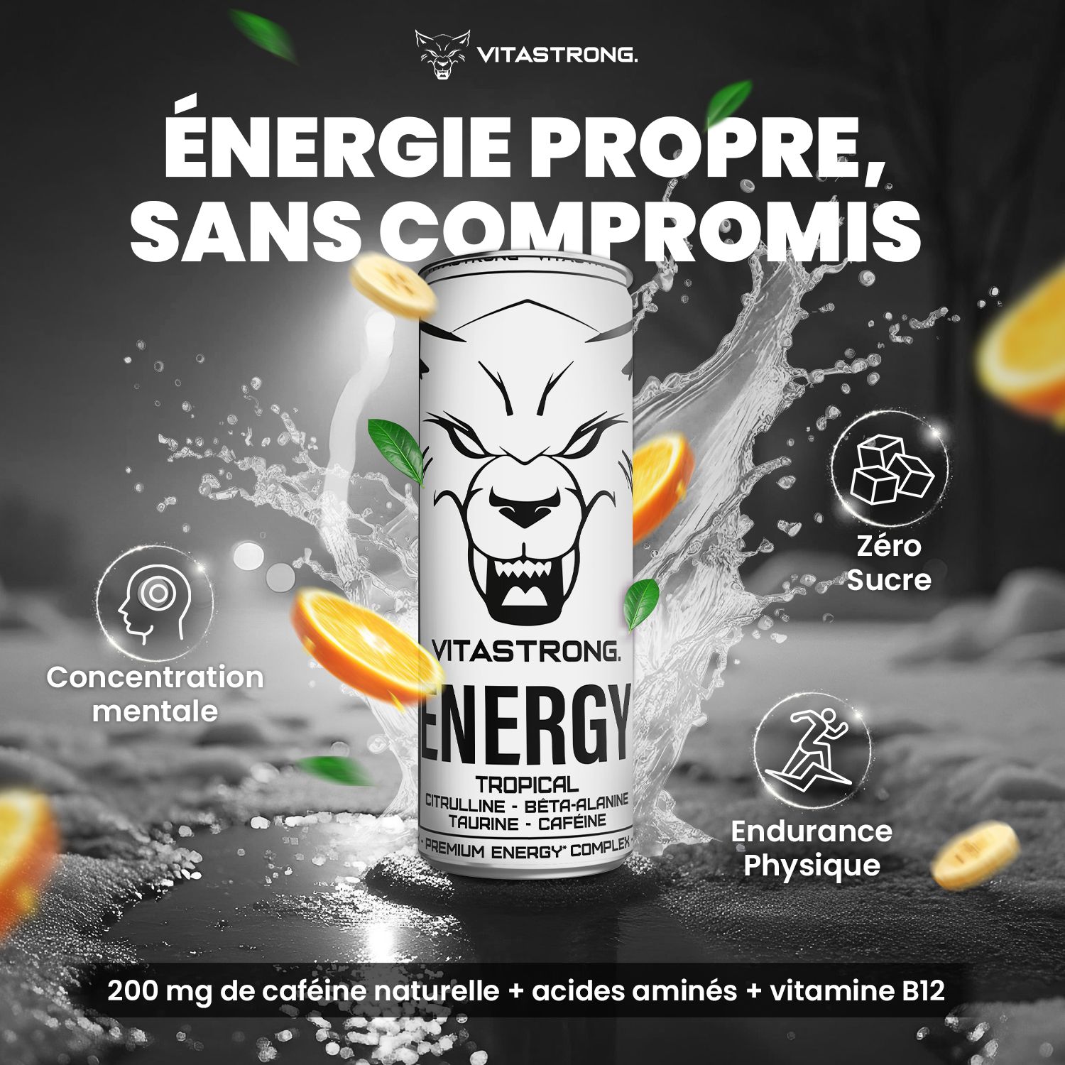 Reclamebeeld met blik, fruit en iconen. Tekst: Pure energie, zonder compromissen.