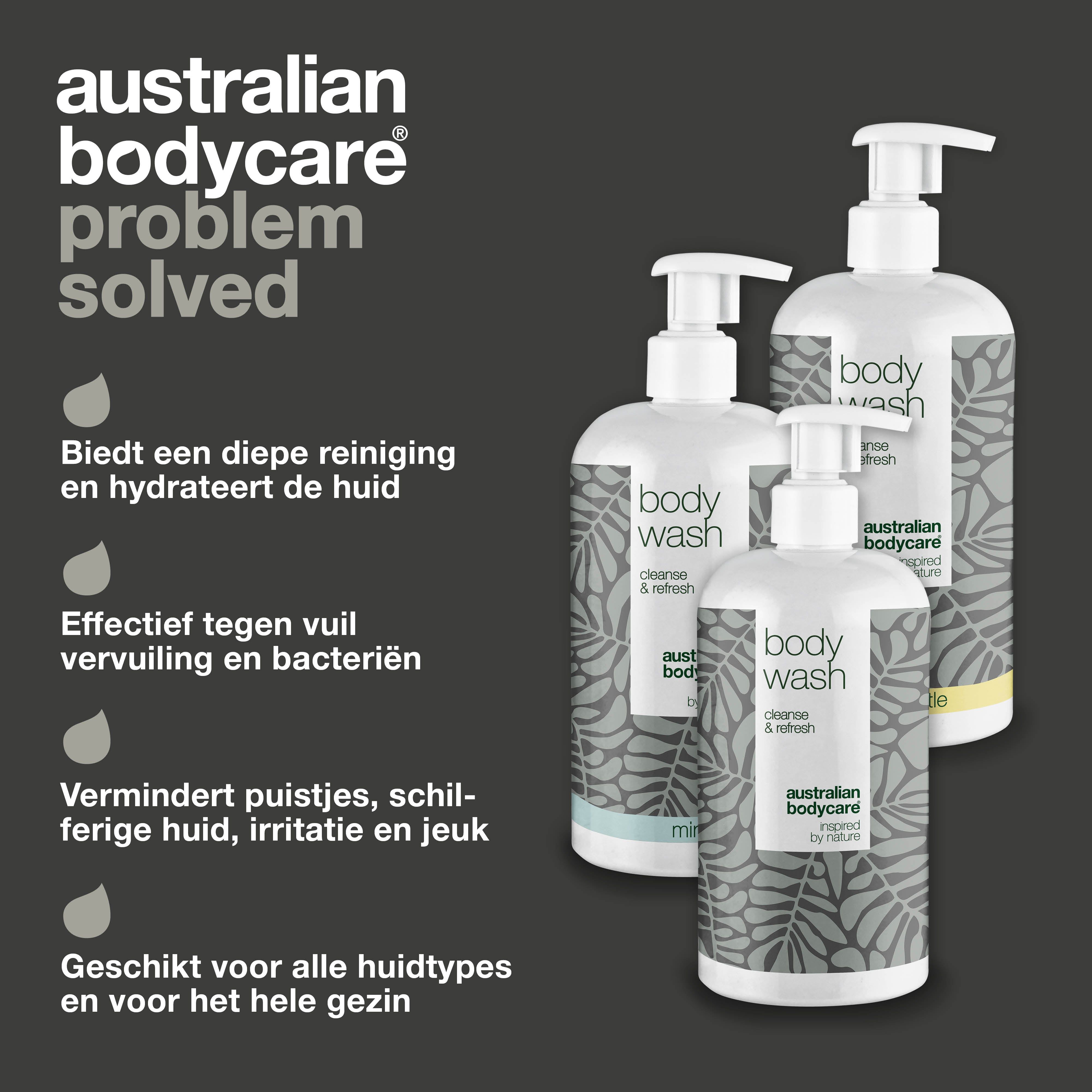 Drie flessen body wash. Tekst: Reinigt en hydrateert de huid, effectief tegen vuil, vermindert puistjes, voor alle huidtypes.