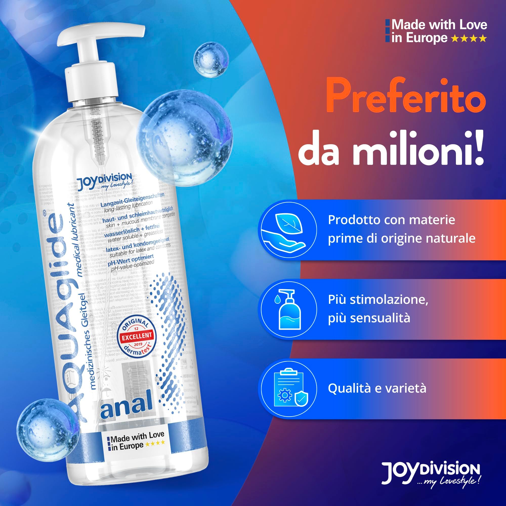 AQUAglilde Anale glijmiddel met pompdosering, met Italiaanse teksten en iconen.