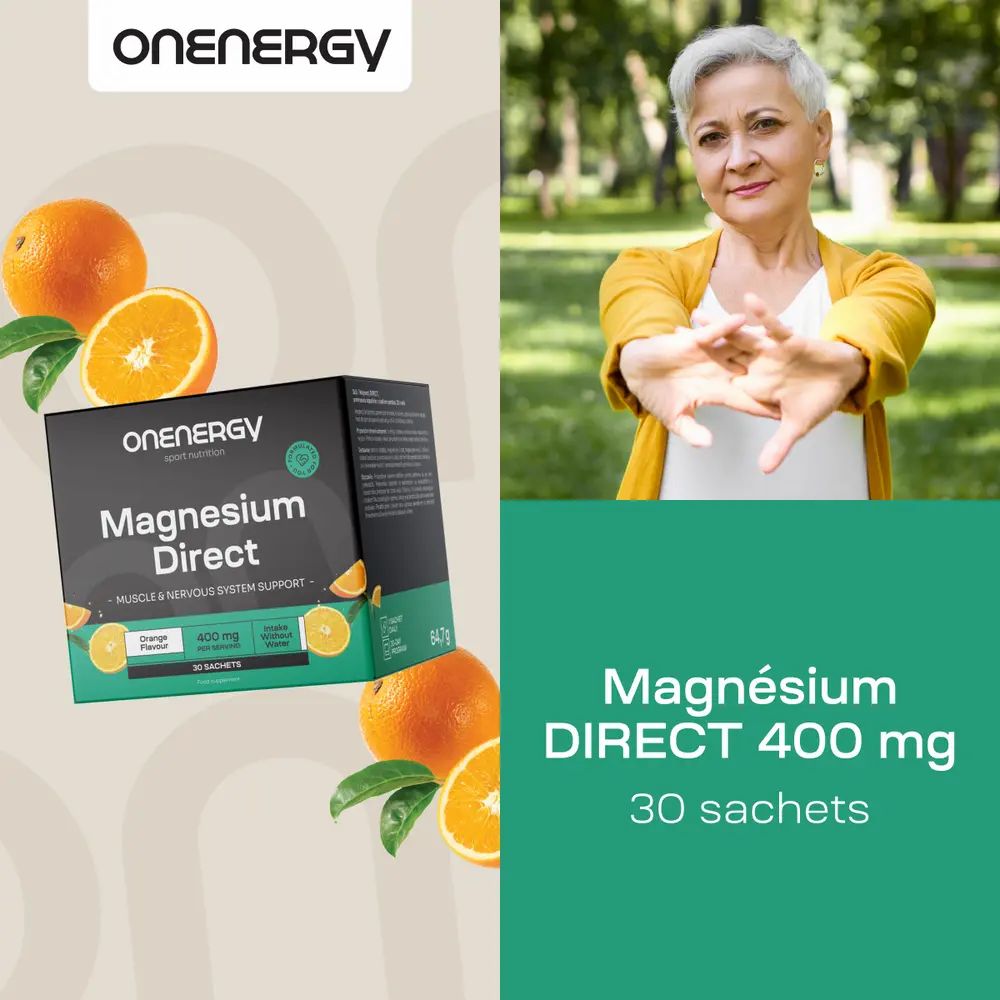 Magnésium DIRECT 400 mg, 30 sachets. Boîte avec produit et oranges. Femme au parc.