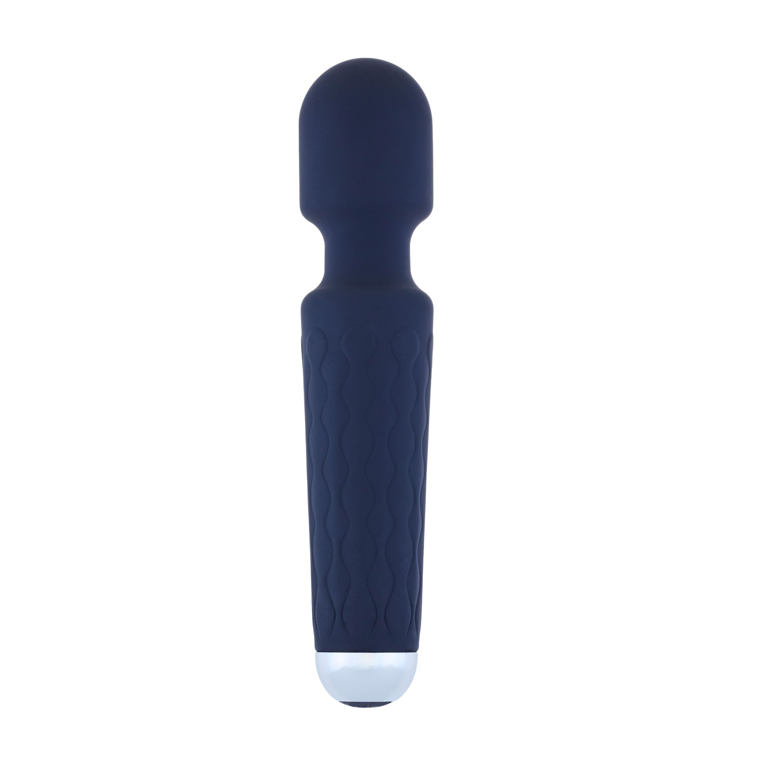 Vibrateur bleu foncé avec texture ondulée. Dessus arrondi et embout argenté.