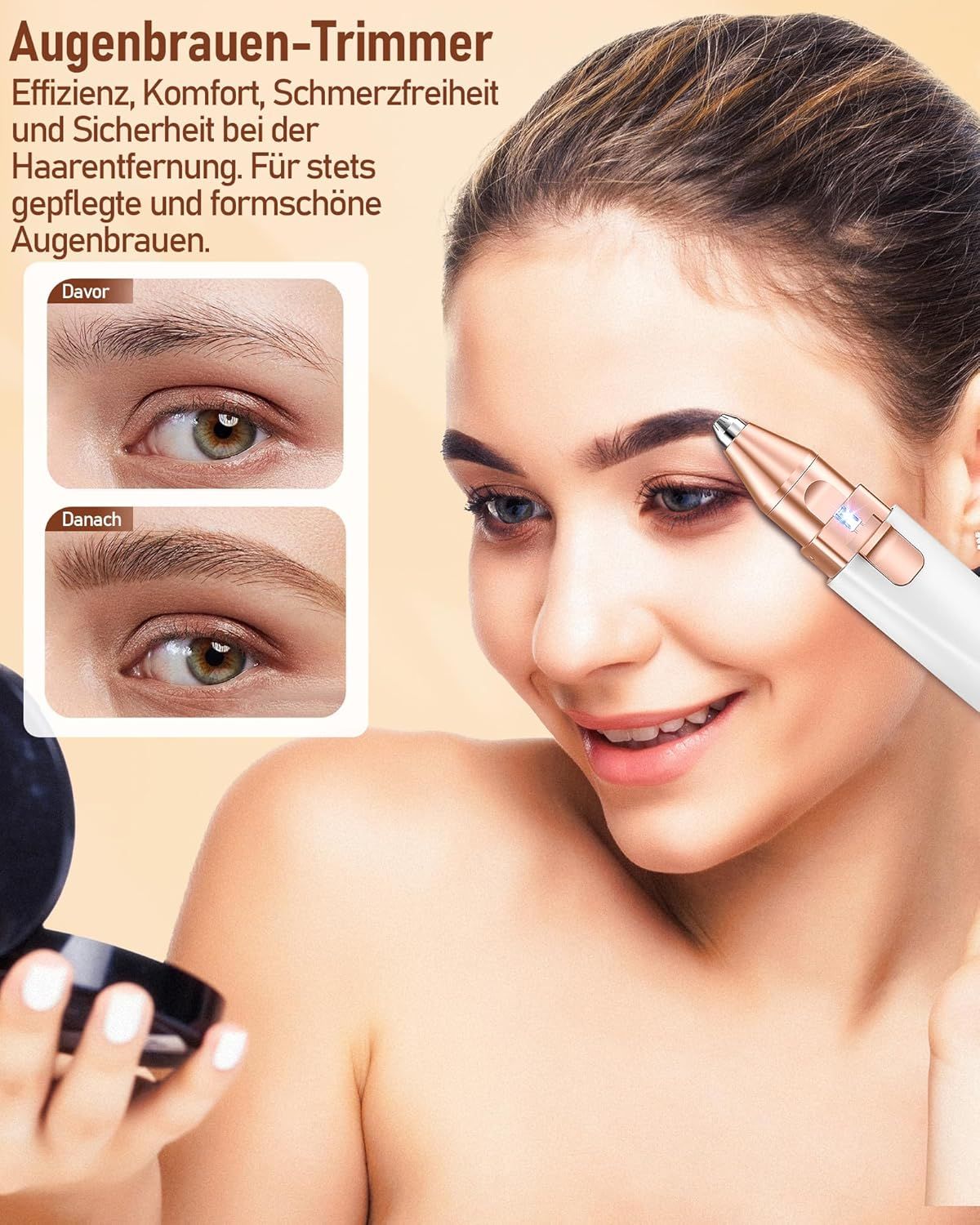 Épilateur de sourcils. Appareil blanc avec des accents dorés. Femme utilisant l'appareil. Comparaison avant/après des sourcils.