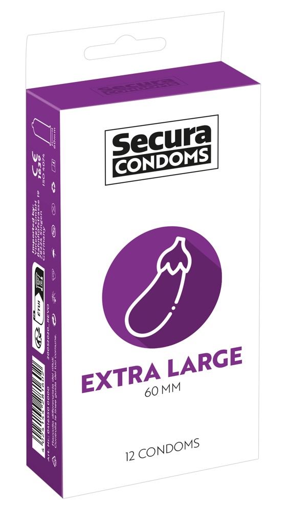 Verpakking van Secura condooms, Extra Large, 60 mm, met 12 condooms, paars en wit.