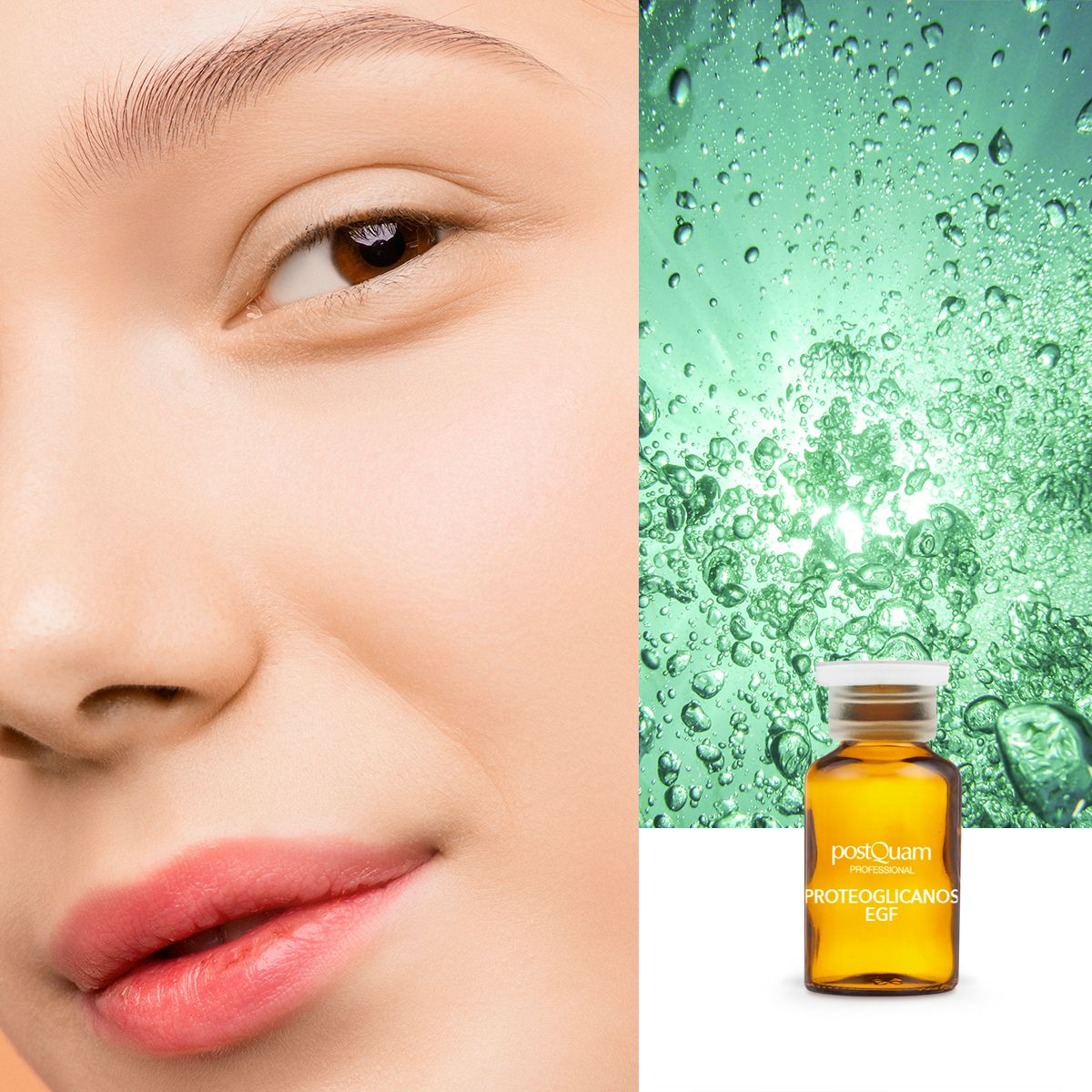 Visage d'une femme et ampoule avec l'inscription PROTEOGLICANOS EGF. Fond: bulles vertes.