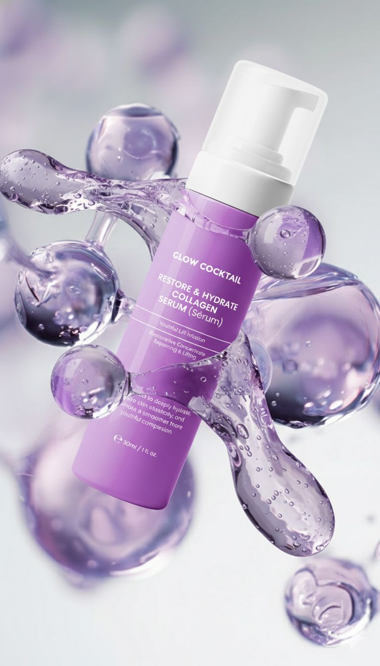 Paarse pompfles met witte dop, omringd door abstracte paarse bubbels en vloeistof-elementen.