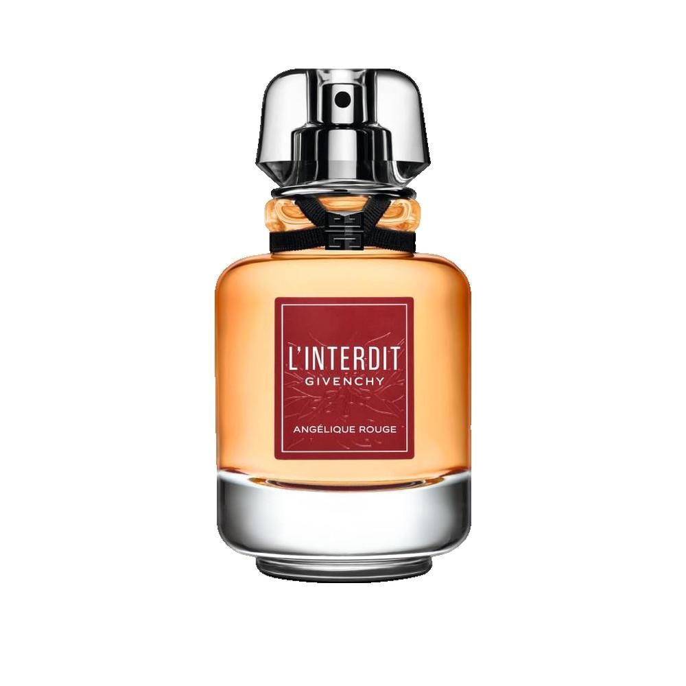 Parfumfles met rood etiket. Opschrift: L'Interdit, Givenchy, Angelique Rouge. Transparante glazen fles met zilveren dop.