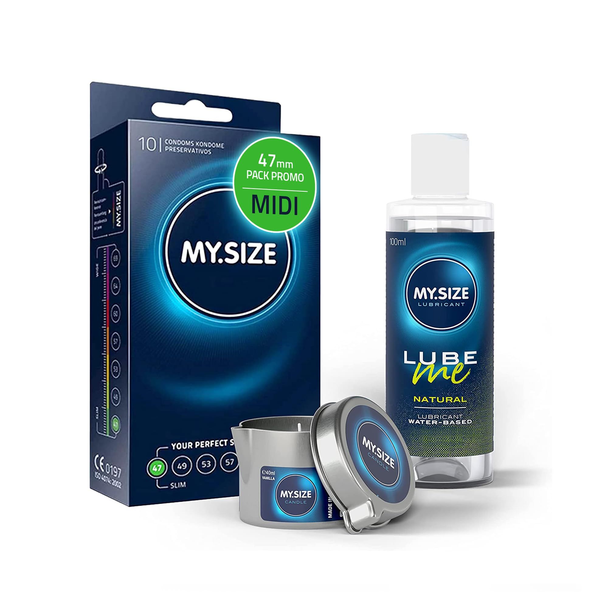 MY.SIZE PRO Préservatifs + LUBE ME Natural + Body Candle Set