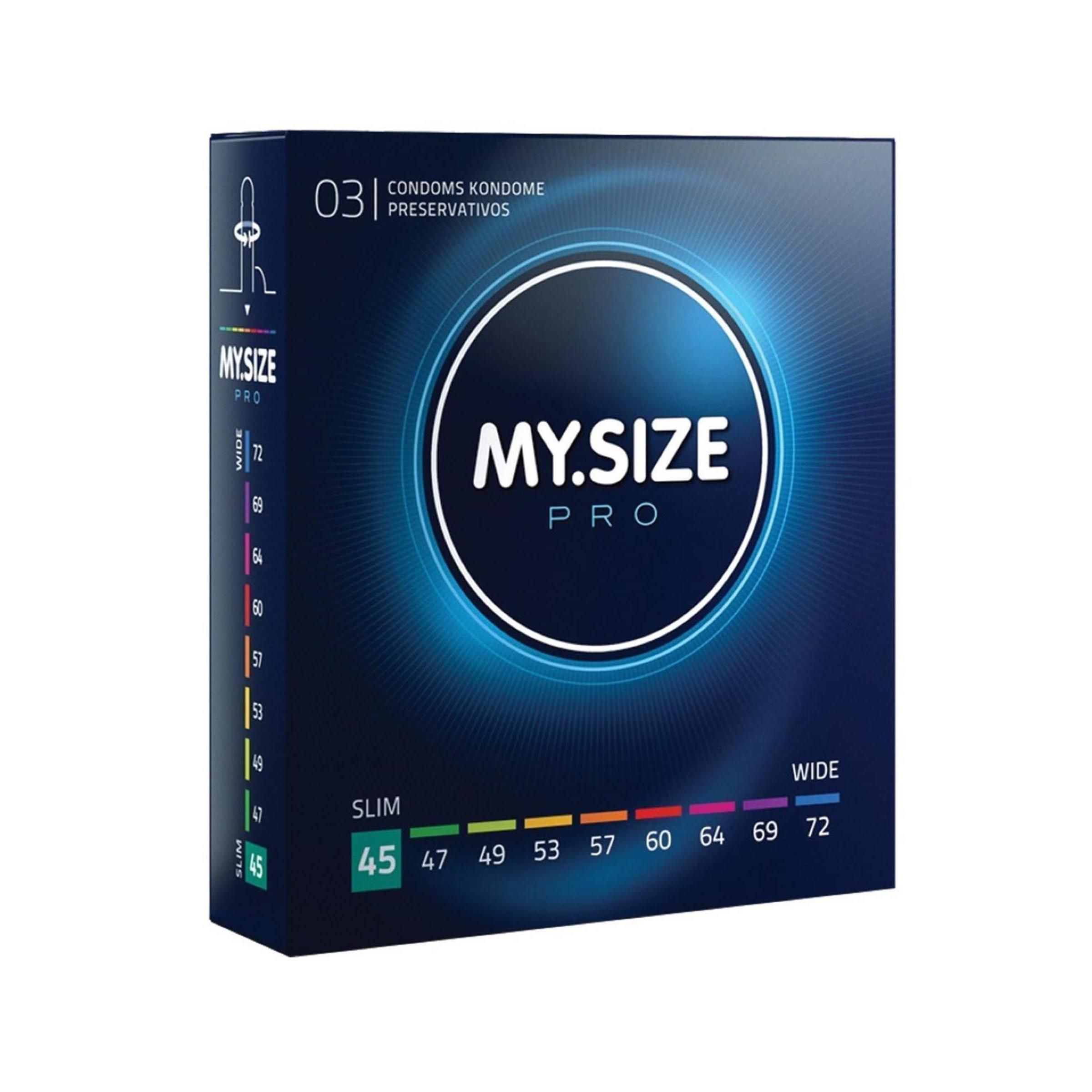Boîte de préservatifs MY.SIZE PRO, taille 45mm. Gamme de tailles de 45 à 72mm. Inscription en plusieurs langues.