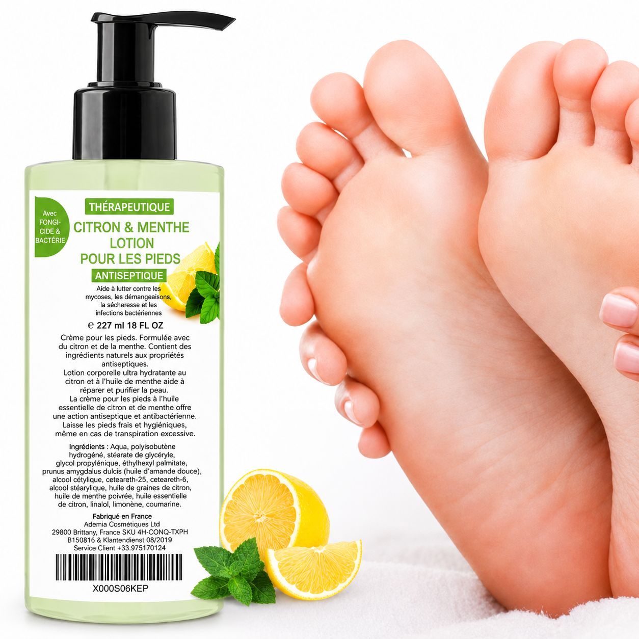 Flacon de lotion pour pieds citron et menthe, 227 ml, avec pompe.