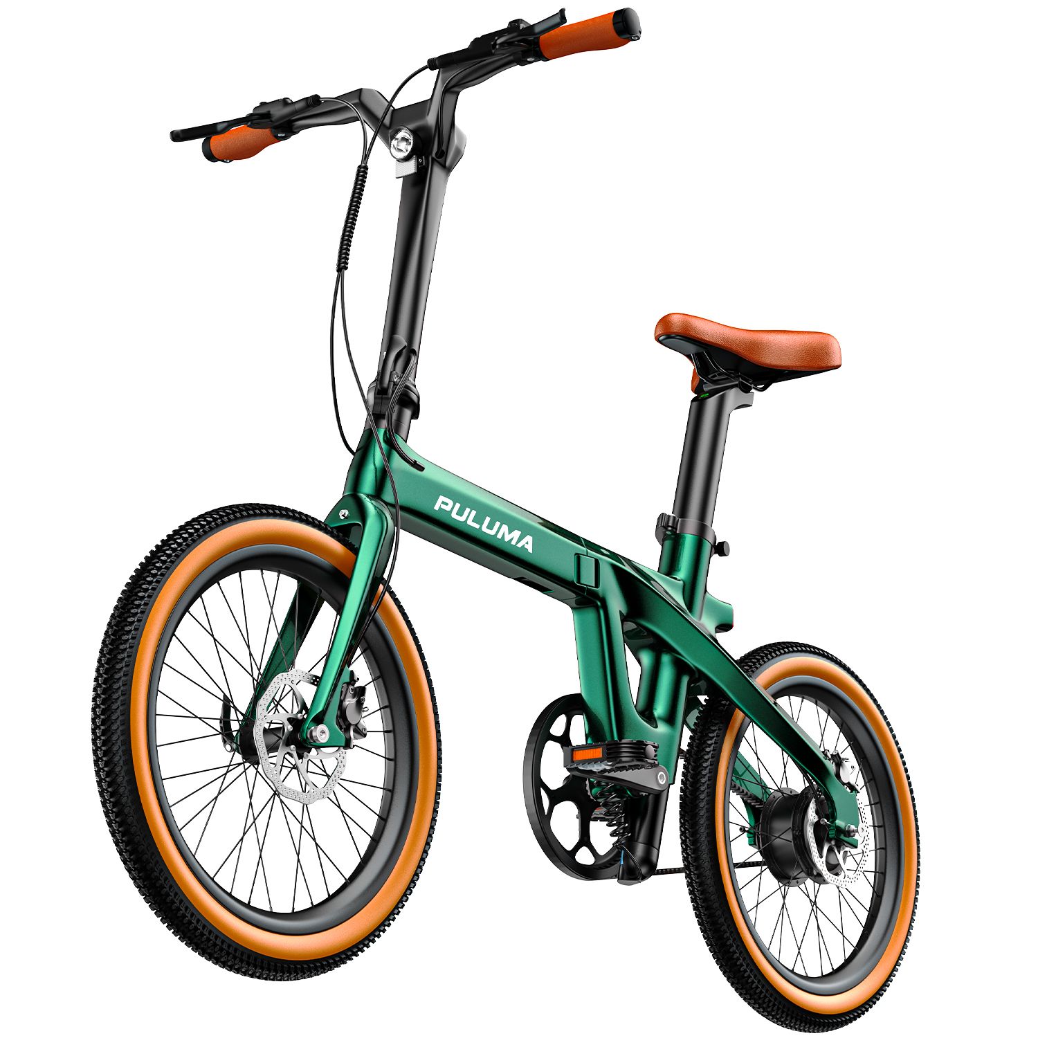 Groene vouwfiets met bruin zadel. Merk PULUMA.