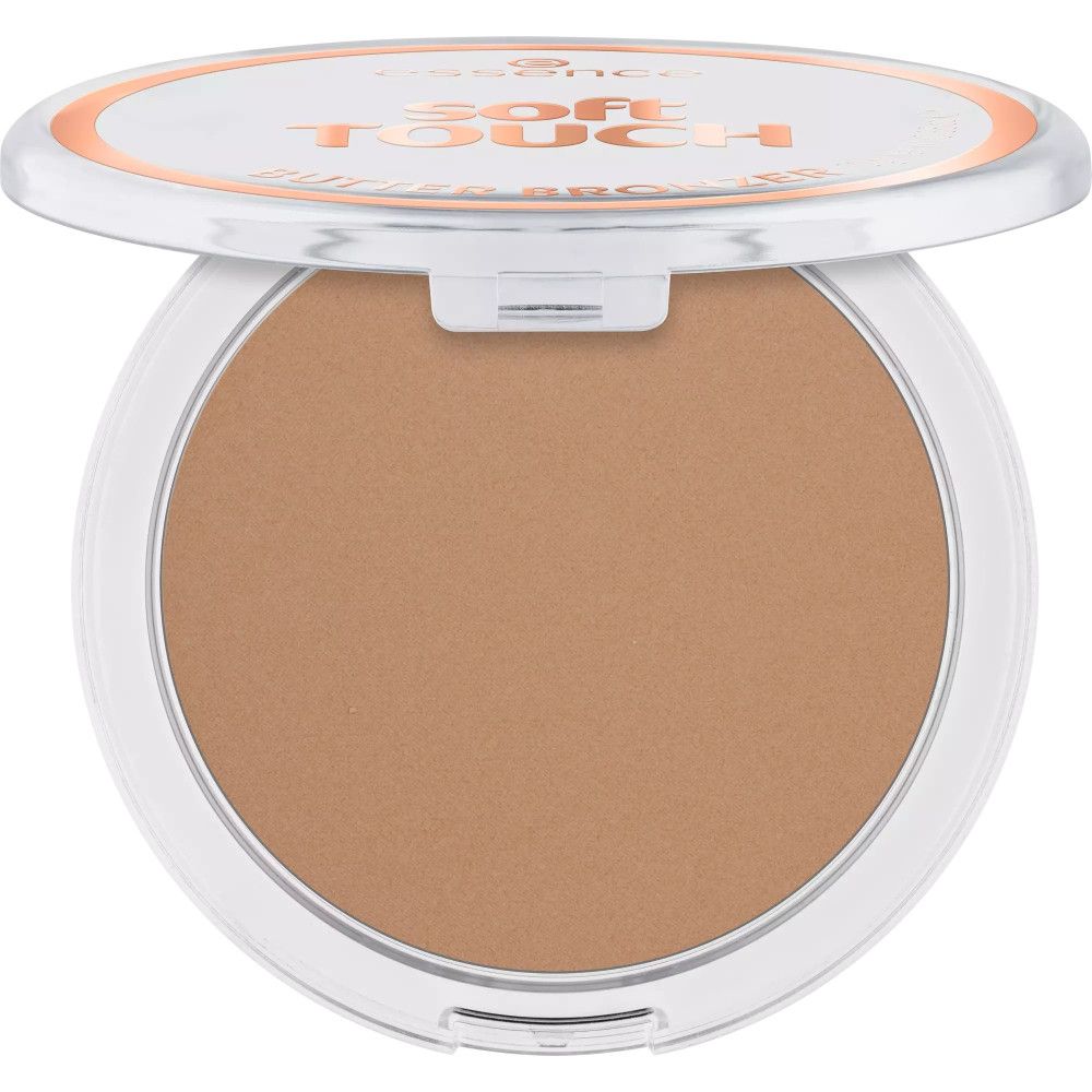 Poudre bronzante ronde dans un boîtier blanc avec couvercle transparent. "Soft Touch Butter Bronzer" est écrit sur le couvercle.