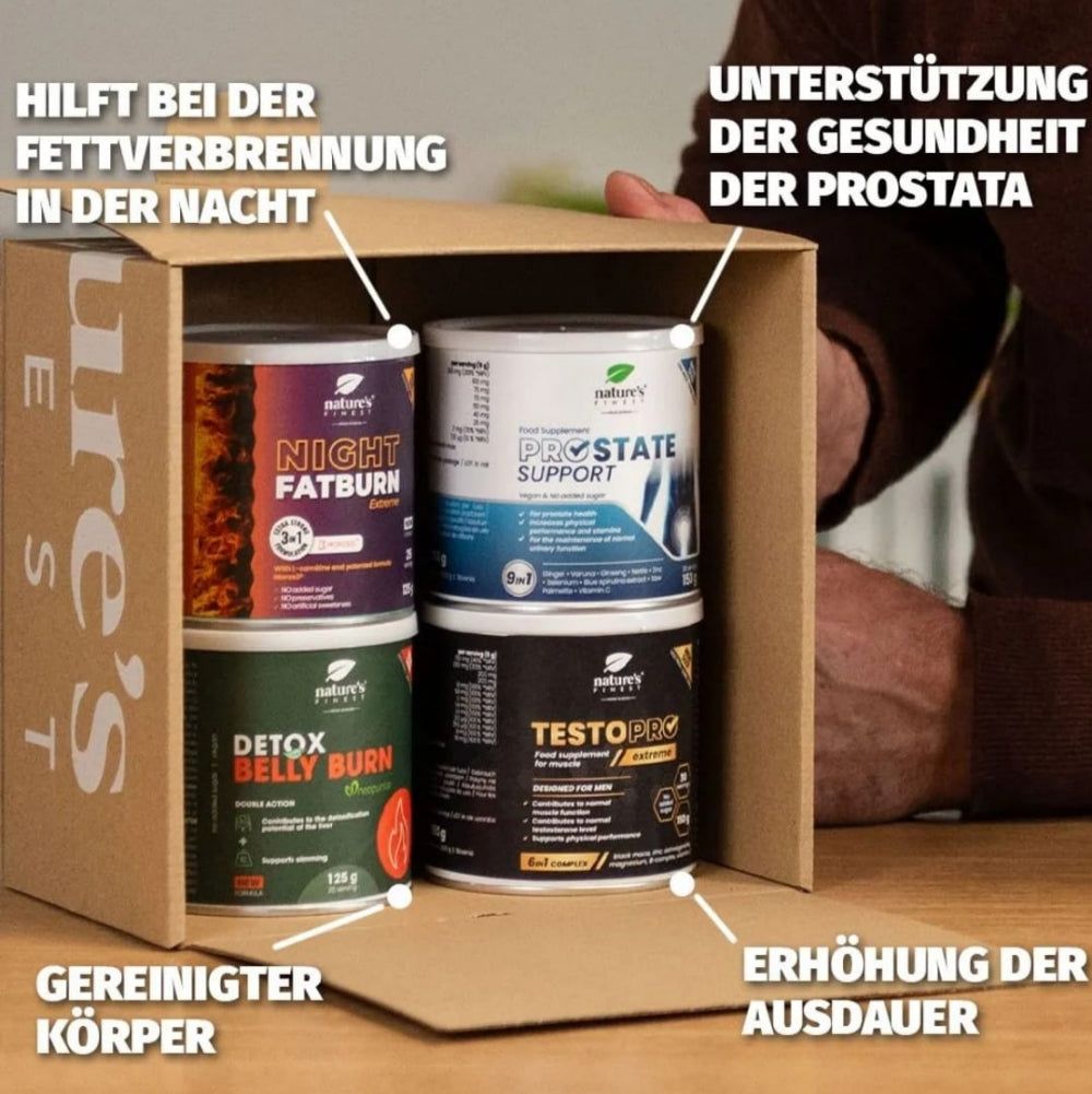 Doos met vier Nature's Finest producten: Night Fatburn, Prostate Support, Detox Belly Burn, Testo Pro. Tekst in het Duits.