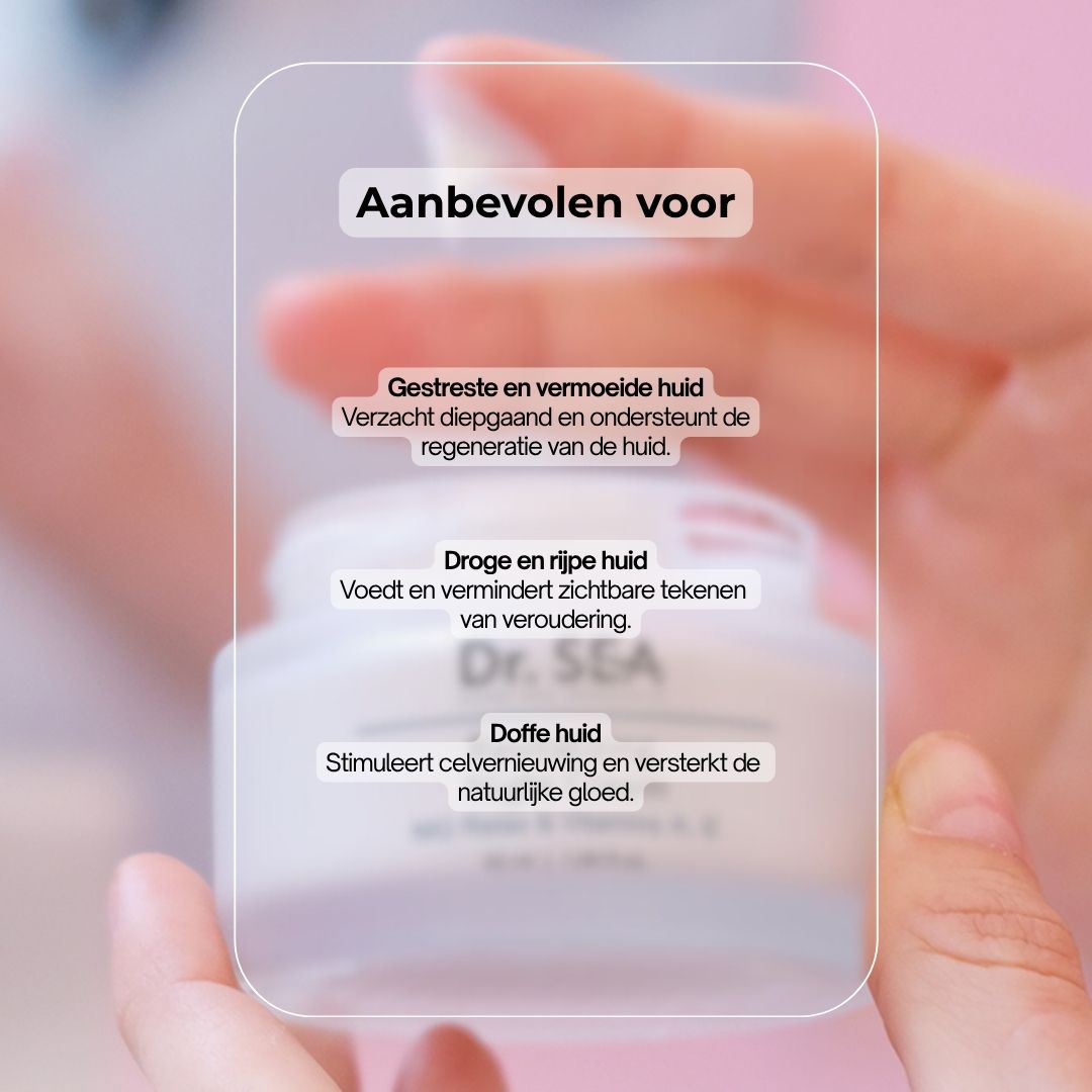 Crèmepot in handen. Tekst: Aanbevolen voor gestreste, droge en doffe huid.