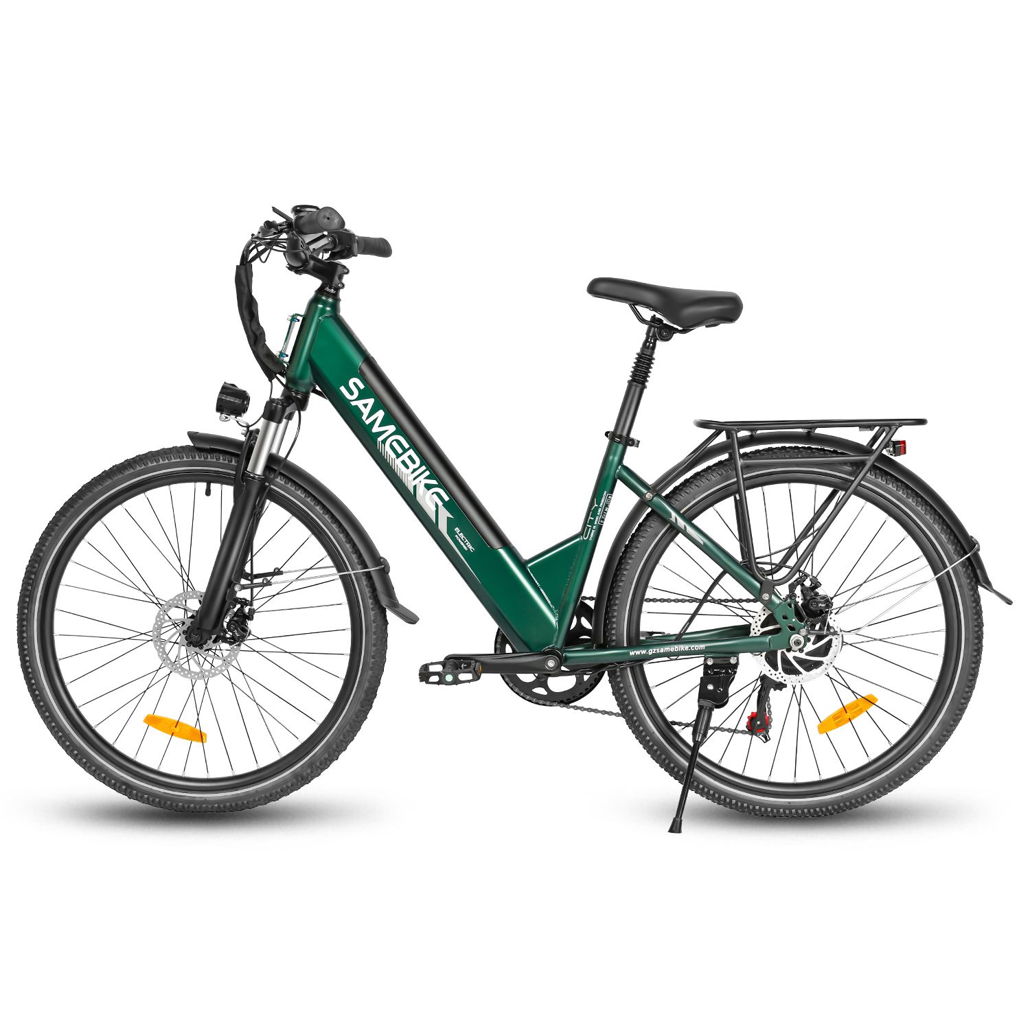 Vélo électrique vert. Marque SAMEBIKE. Pneus noirs, porte-bagages, phare. Batterie 36V 15Ah.