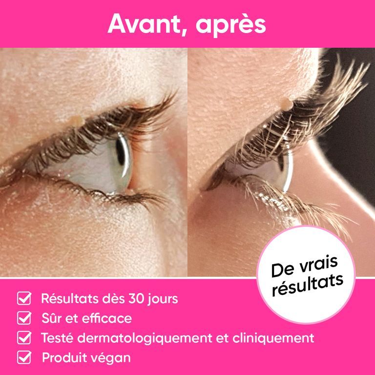 Comparaison avant-après des cils traités avec le sérum pour cils LUXE LASH. Montre des cils plus denses et plus longs.