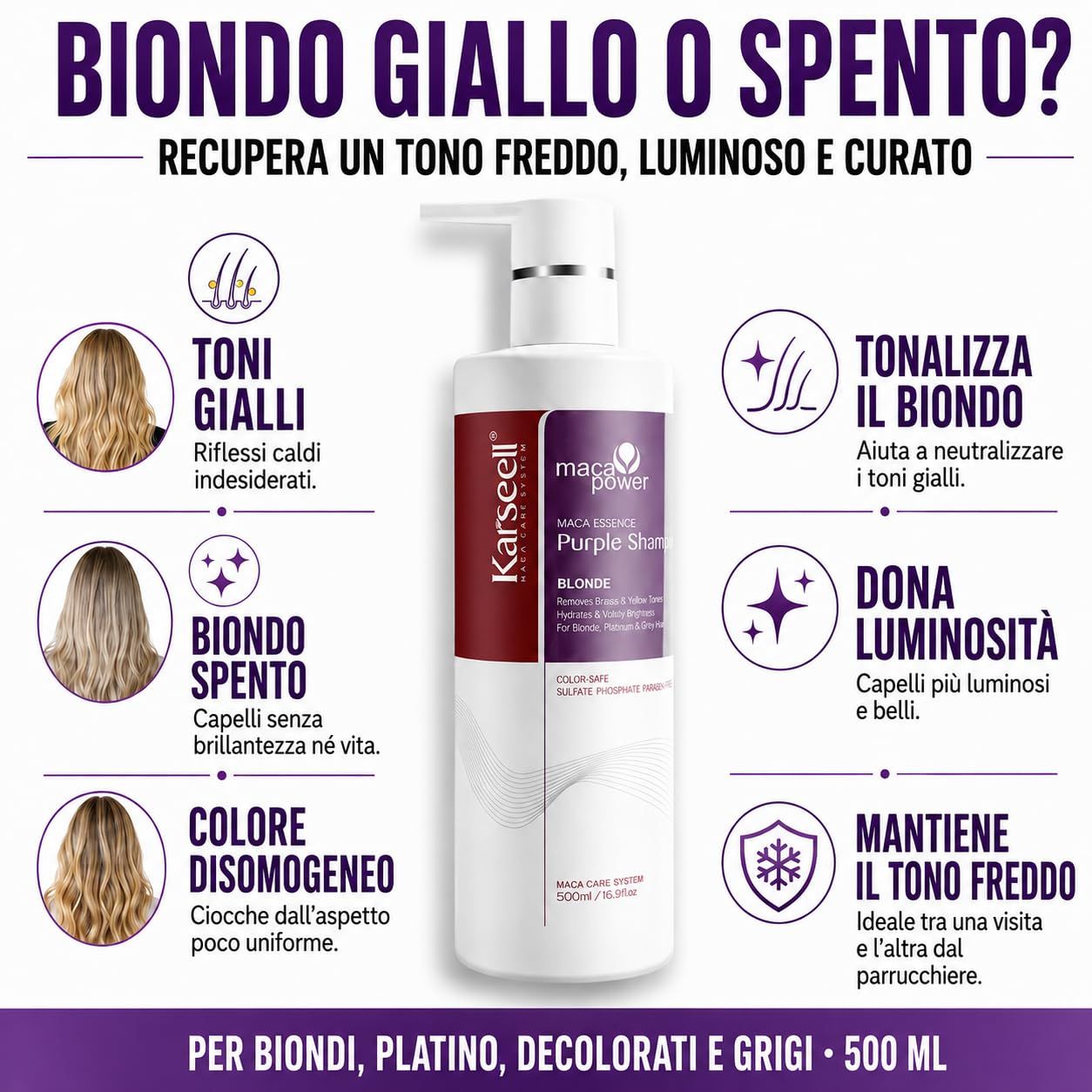 KARSEELL Shampooing Violet Anti-jaunissement pour Cheveux Blonds et Gris