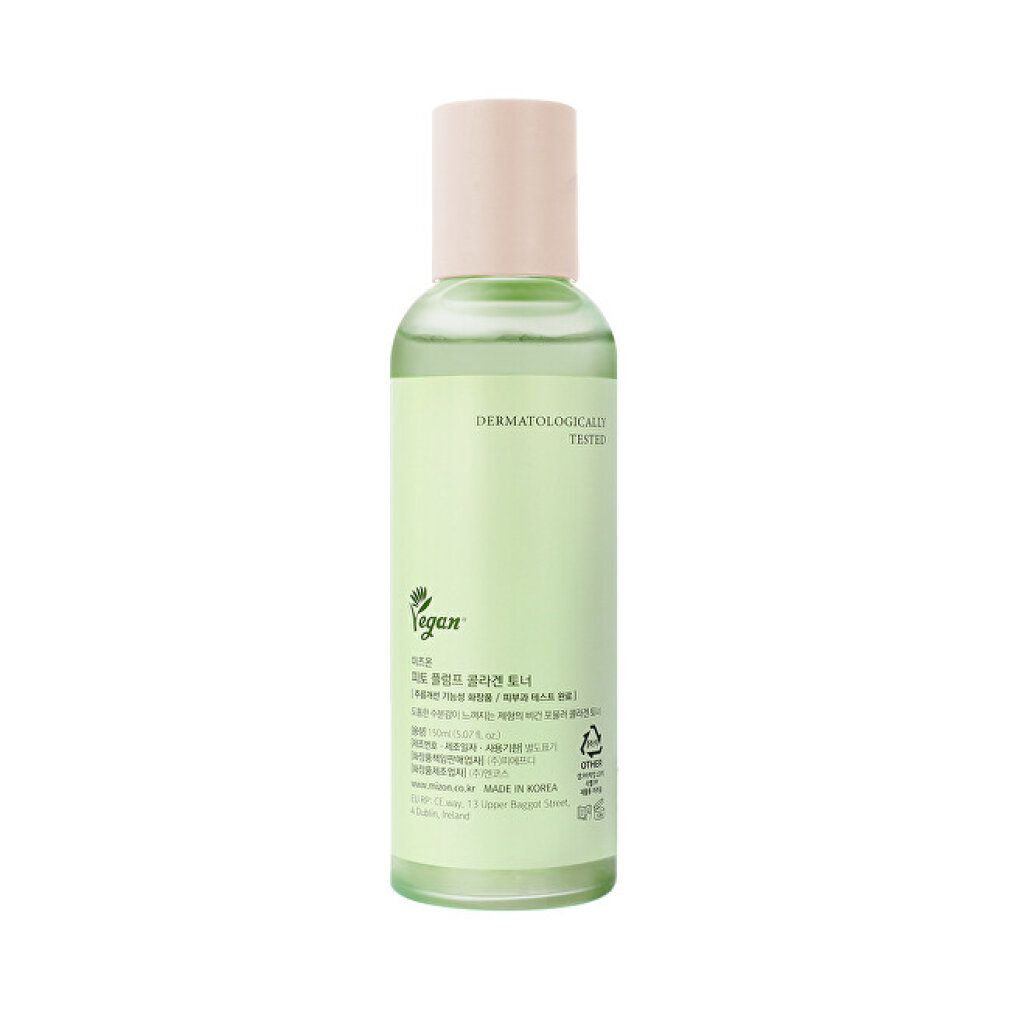 Groene fles met roze dop. Opschrift: Phyto Plump Collagen Toner. Tekst op achterkant.