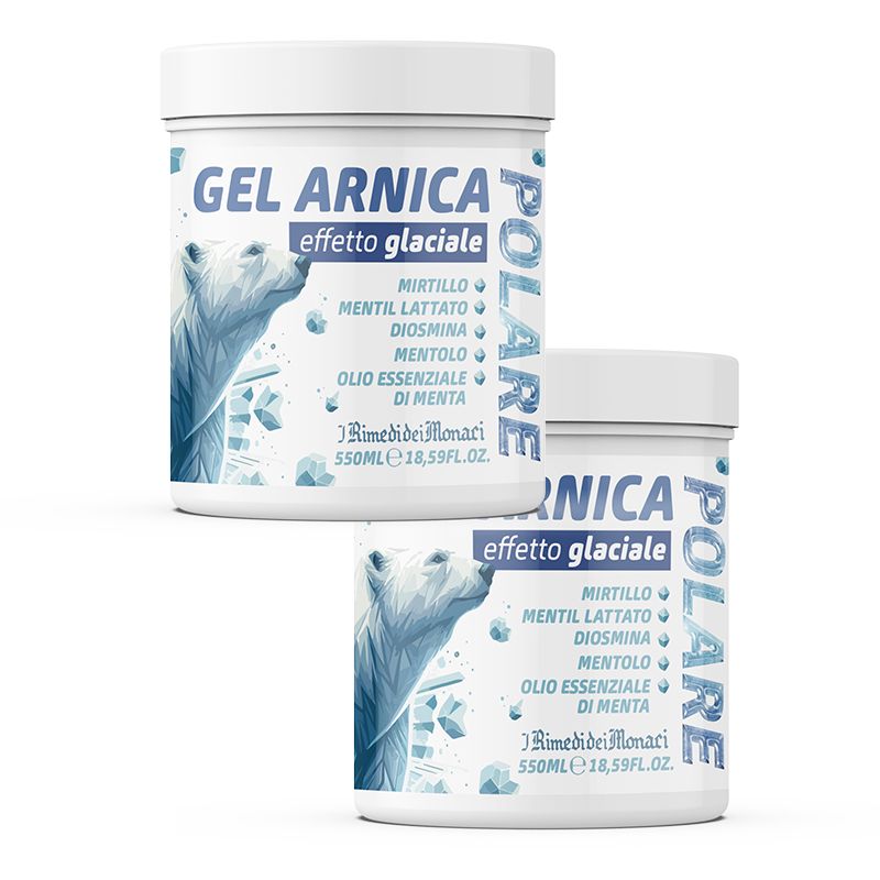 Twee witte potten met etiketten. Opschrift: Gel Arnica, Polare. Illustratie ijsbeer en ingrediënten.