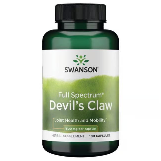 Groene fles met zwarte dop. Opschrift: SWANSON, Full Spectrum Devil's Claw, 500 mg per capsule, 100 capsules.