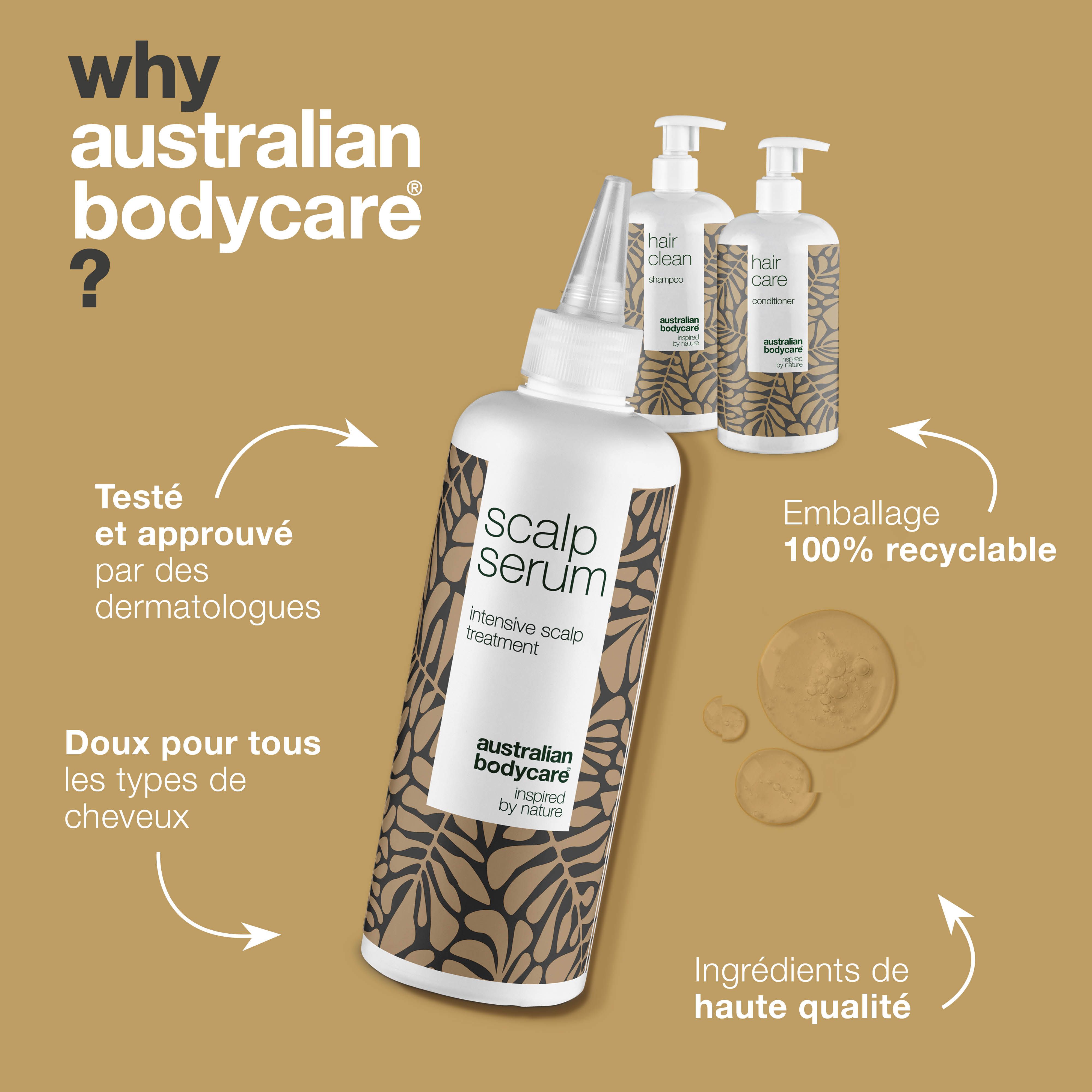 Trois flacons Australian Bodycare. Sérum pour le cuir chevelu au premier plan. Texte : testé, emballage 100% recyclable, ingrédients de haute qualité.
