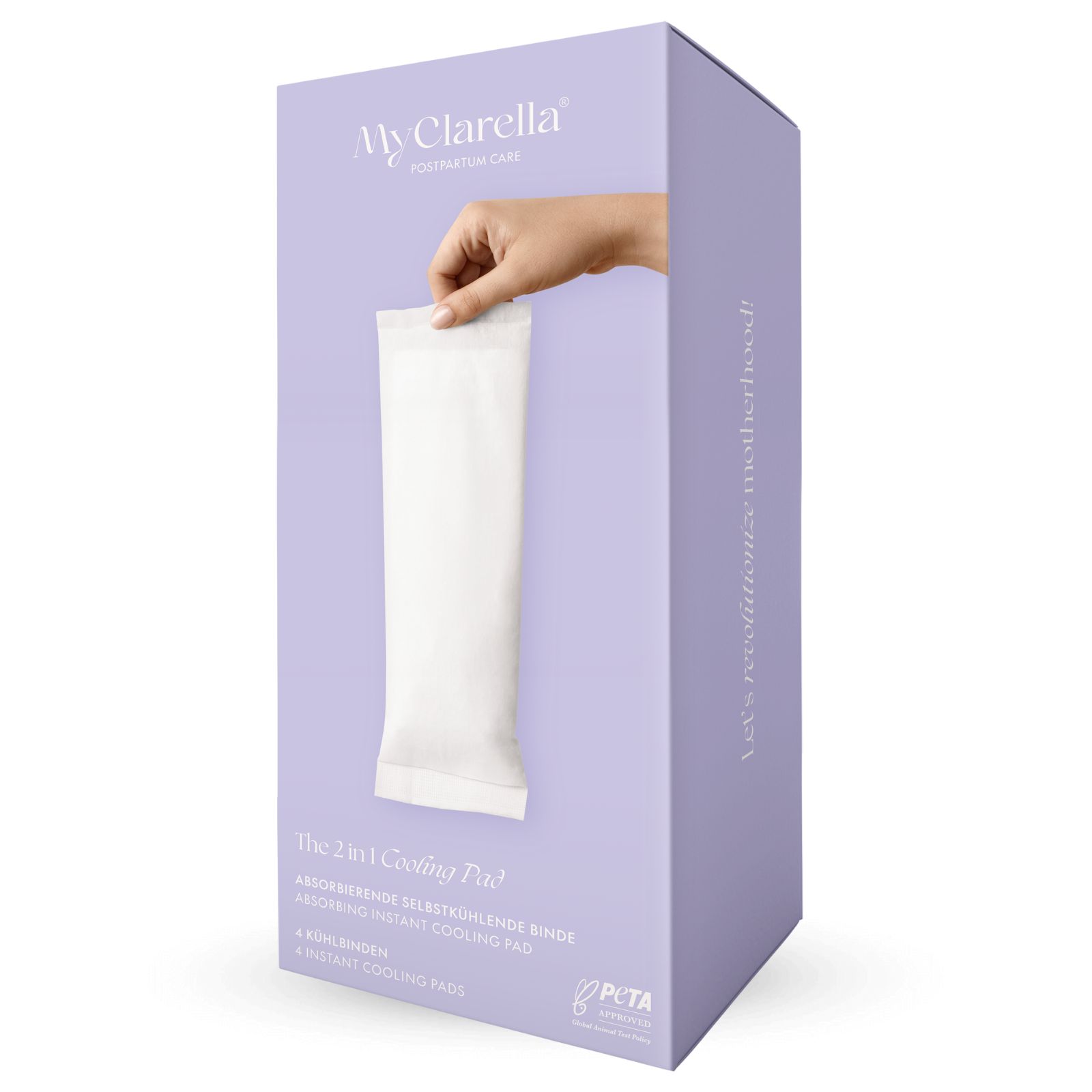 Verpakking MyClarella® koelverband. Hand houdt verband vast. Tekst en PETA-logo zichtbaar.
