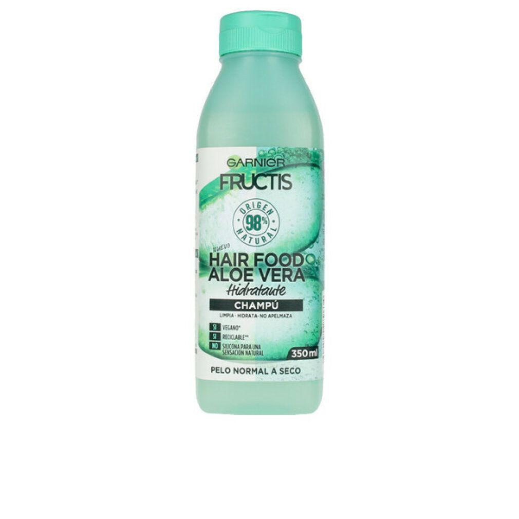 Garnier Fructis Hair Food Aloe Vera shampoo fles. Groen, groene dop. Opschrift: 98% natuurlijke oorsprong, Aloe Vera, Champu, 350ml.