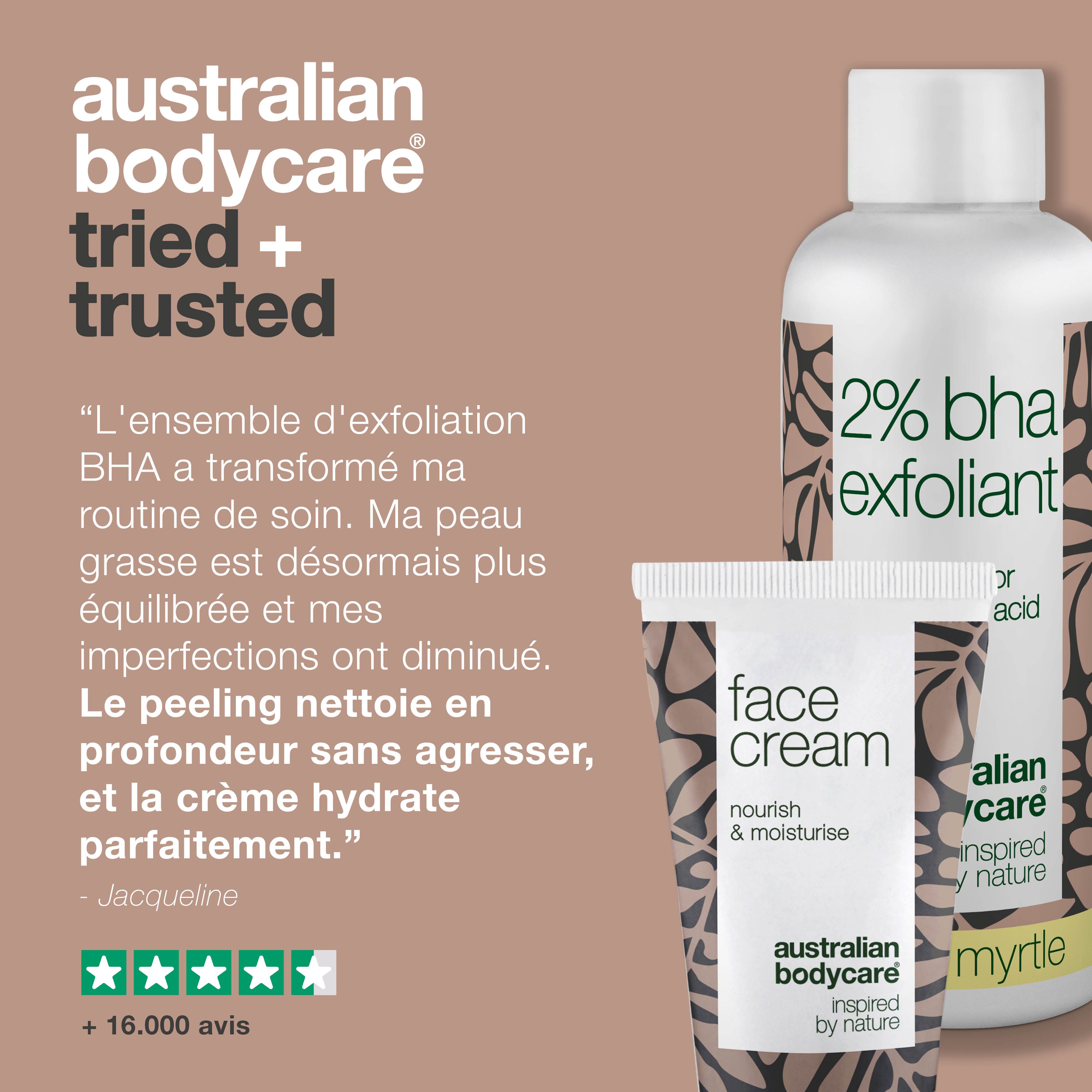 Deux produits : 2% BHA Exfoliant et Face Cream. Texte : Australian Bodycare, Tried + Trusted. Citation.
