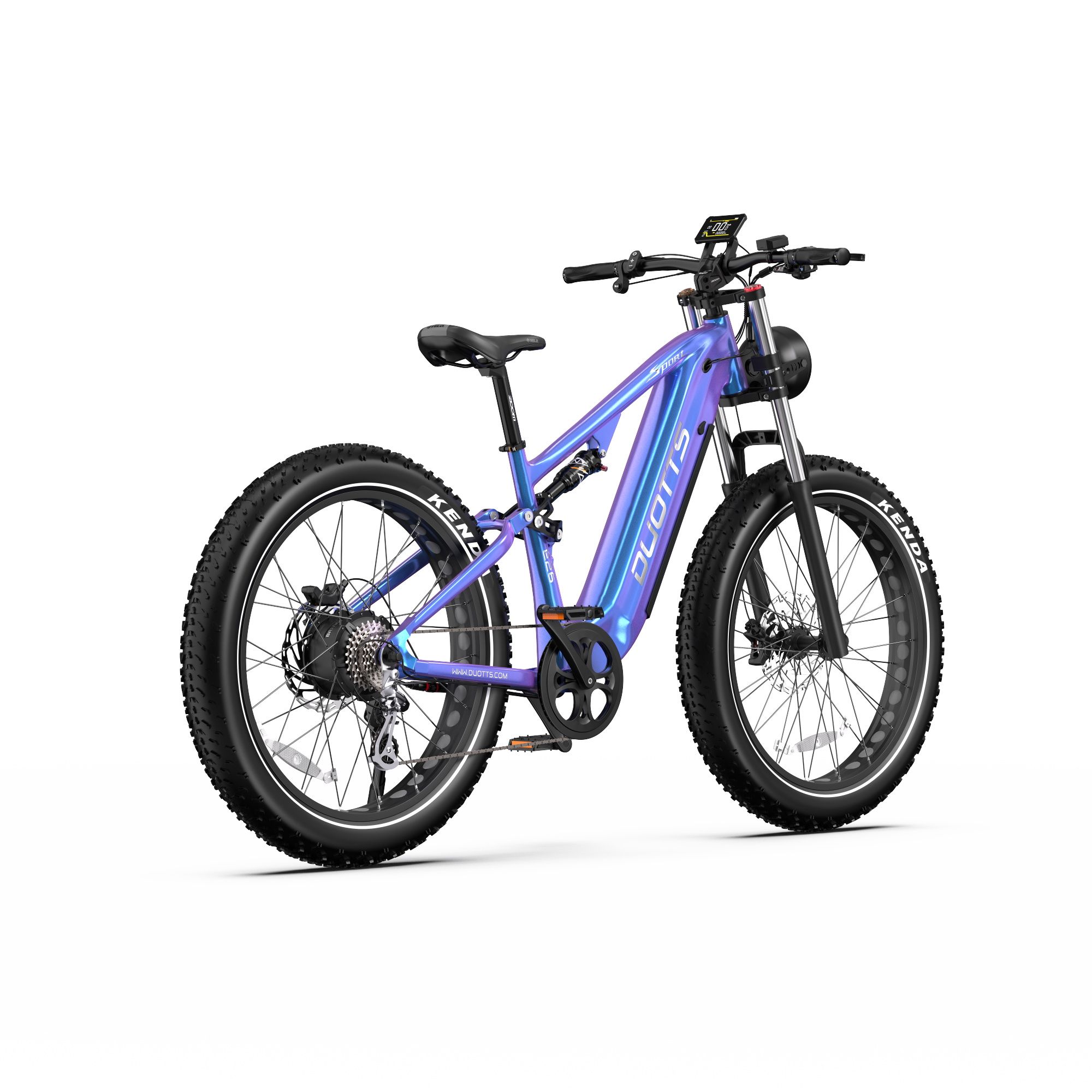 Elektrische mountainbike met kleurovergang. Zwarte banden, zadel en stuur. DUOTTS-logo op frame. Koplamp.