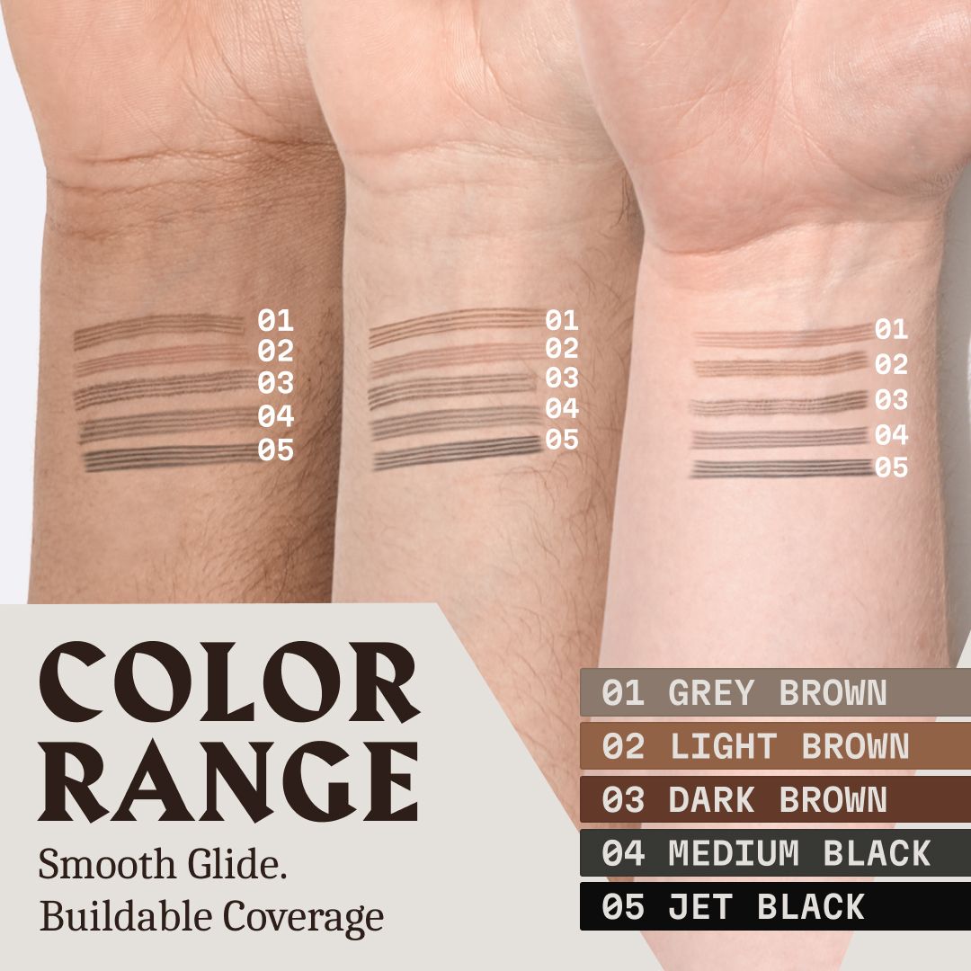Palette de couleurs du stylo pour barbe, tons bruns et noirs.